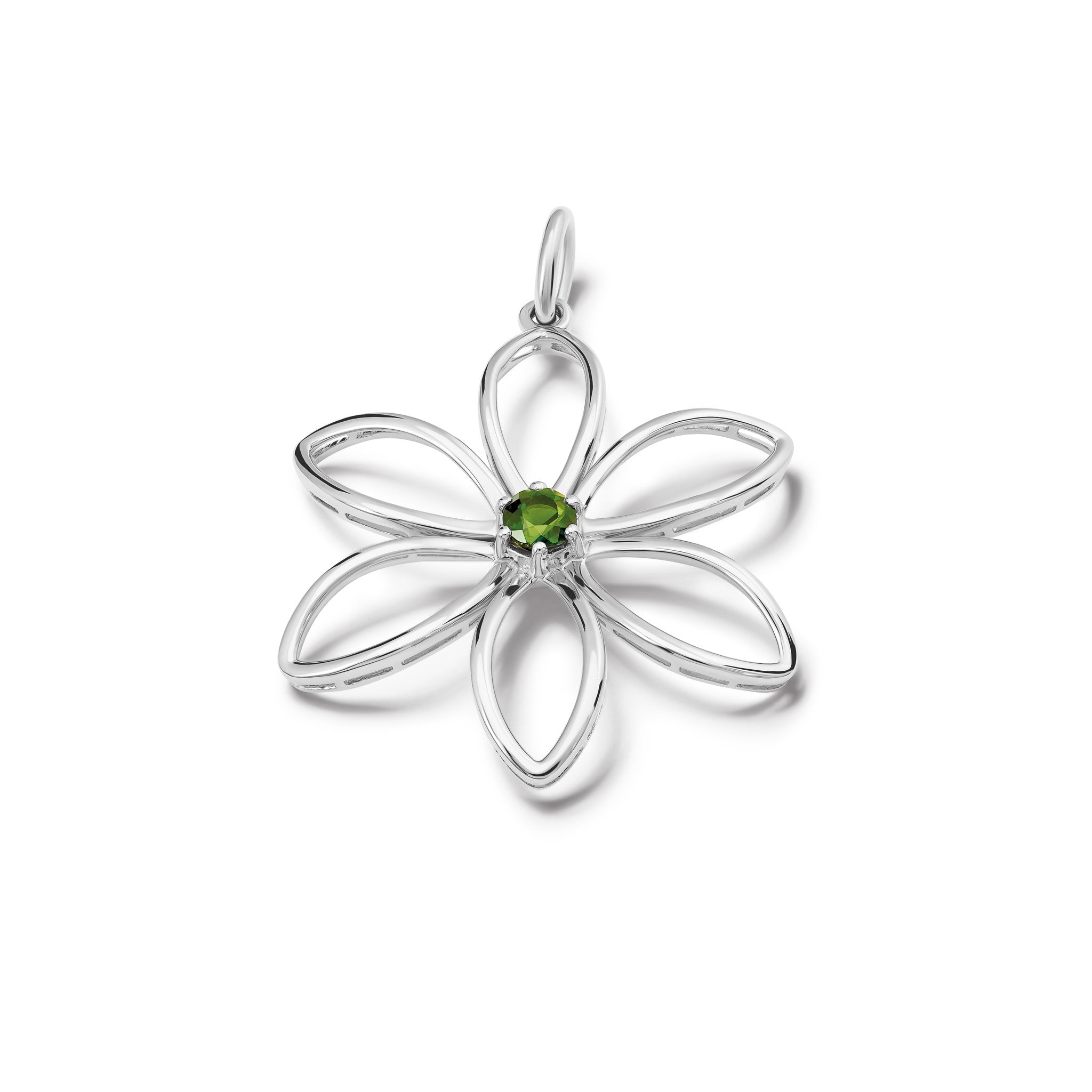 Handcrafted silver necklace pendant inspired by flowers in France, made with silver and chrome diopside
