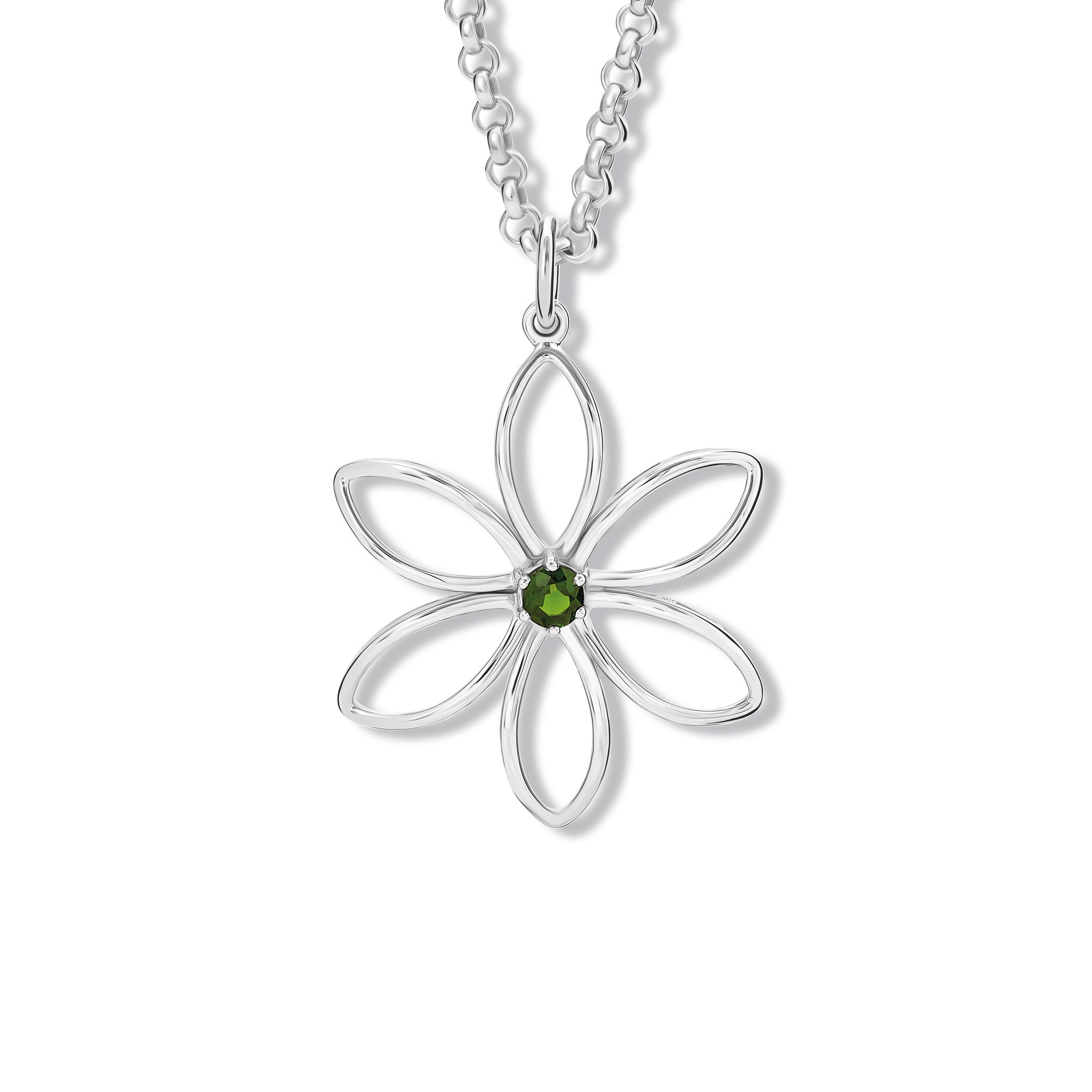Handcrafted silver necklace pendant inspired by flowers in France, made with silver and chrome diopside