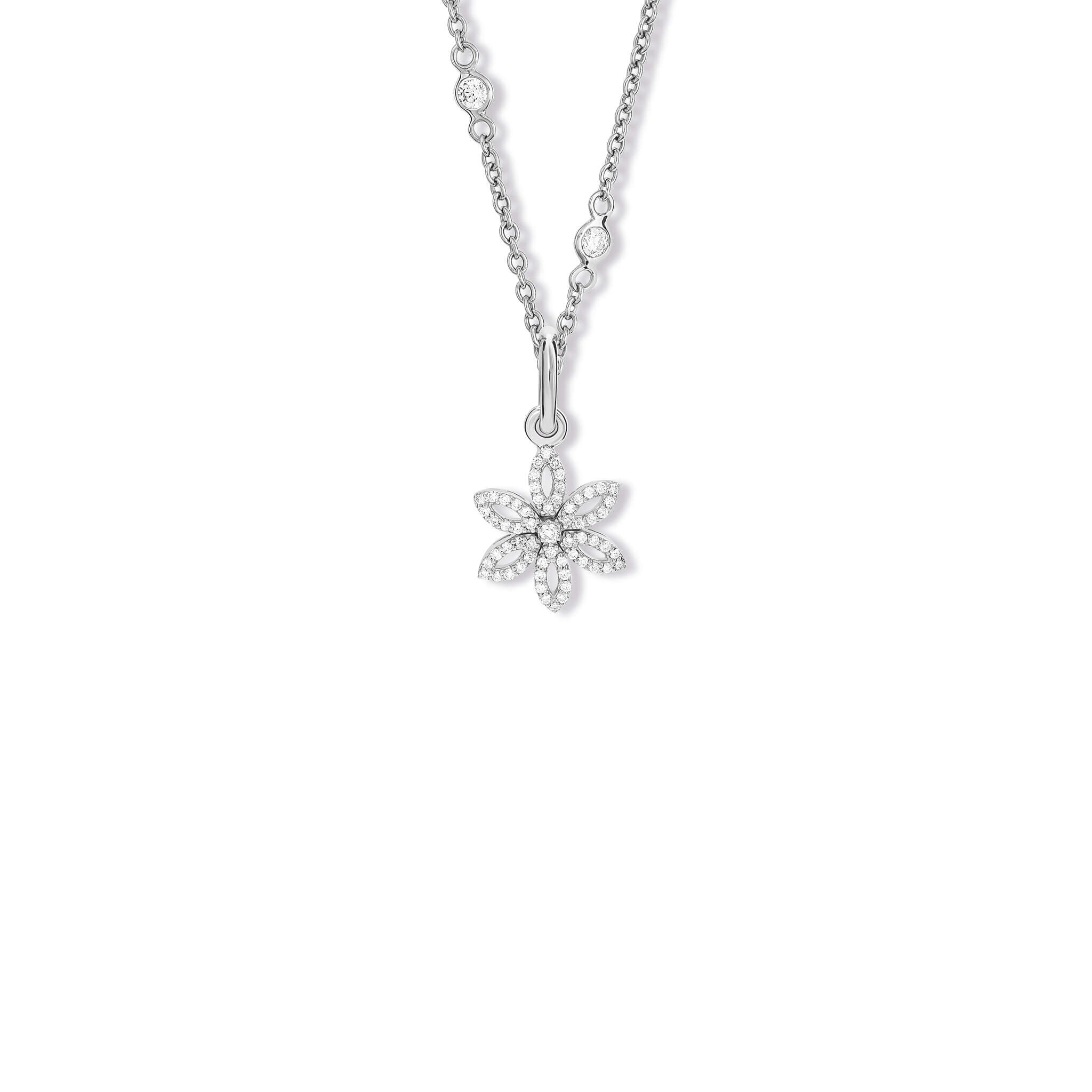 Handcrafted 18ct white gold flower necklace pendant with diamond pave and central diamond, birthstone of April.