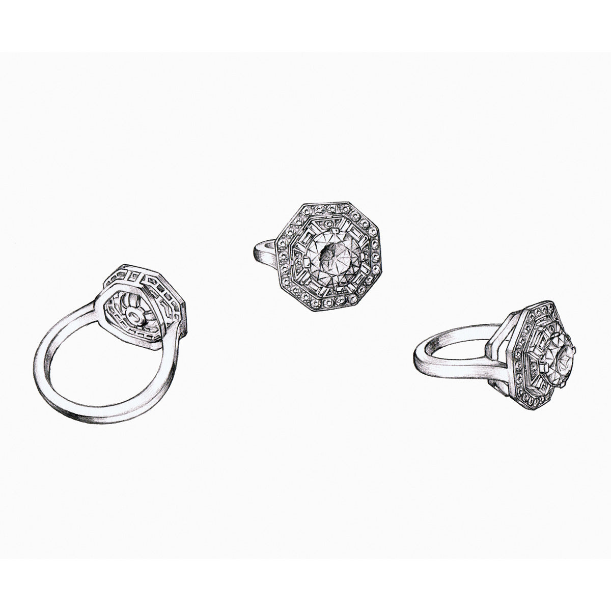 Jewellery design sketches of an engagement ring shown from three different angles.