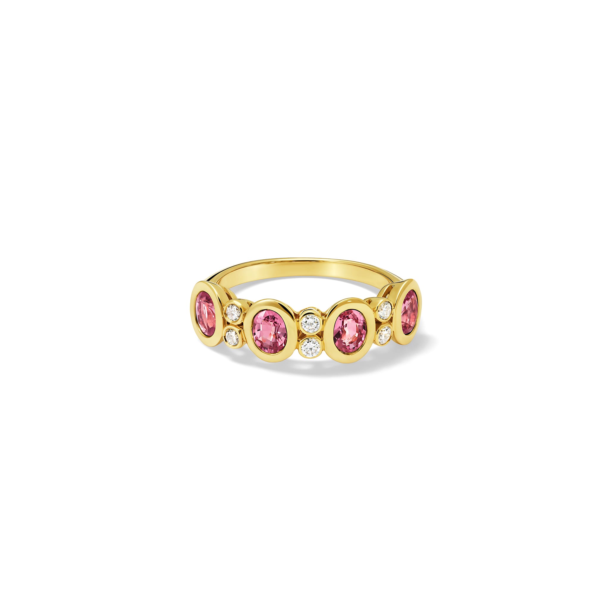 Handcrafted Imara half-eternity ring in 18ct yellow gold with oval cut pink sapphire and diamond, September birthstone