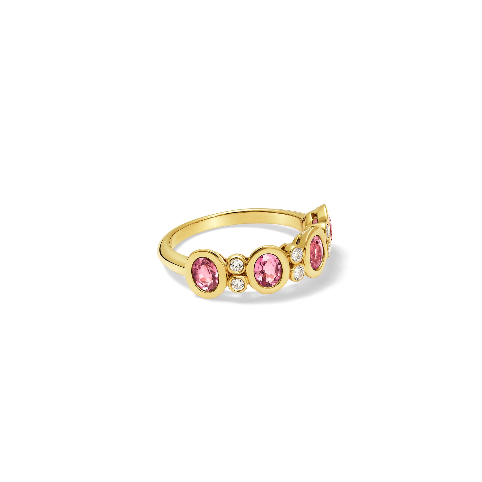 Handcrafted Imara half-eternity ring in 18ct yellow gold with oval cut pink sapphire and diamond, September birthstone