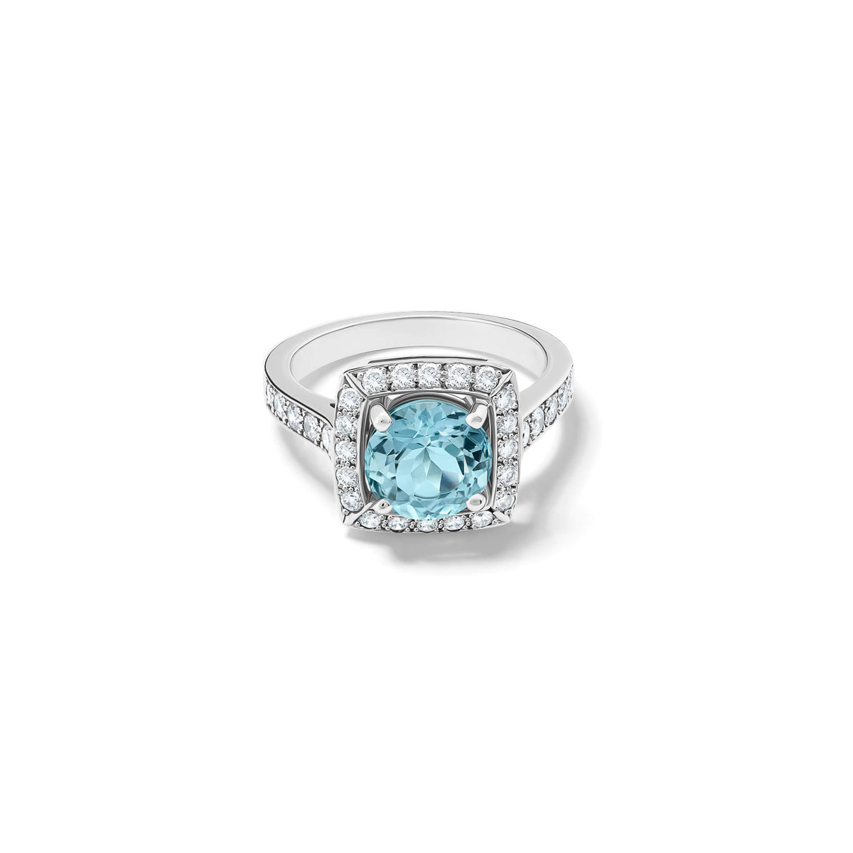 Handcrafted engagement ring in 18ct white gold with a central round cut aquamarine surrounded by a square halo of pav� diamonds with a pav� diamond shank.