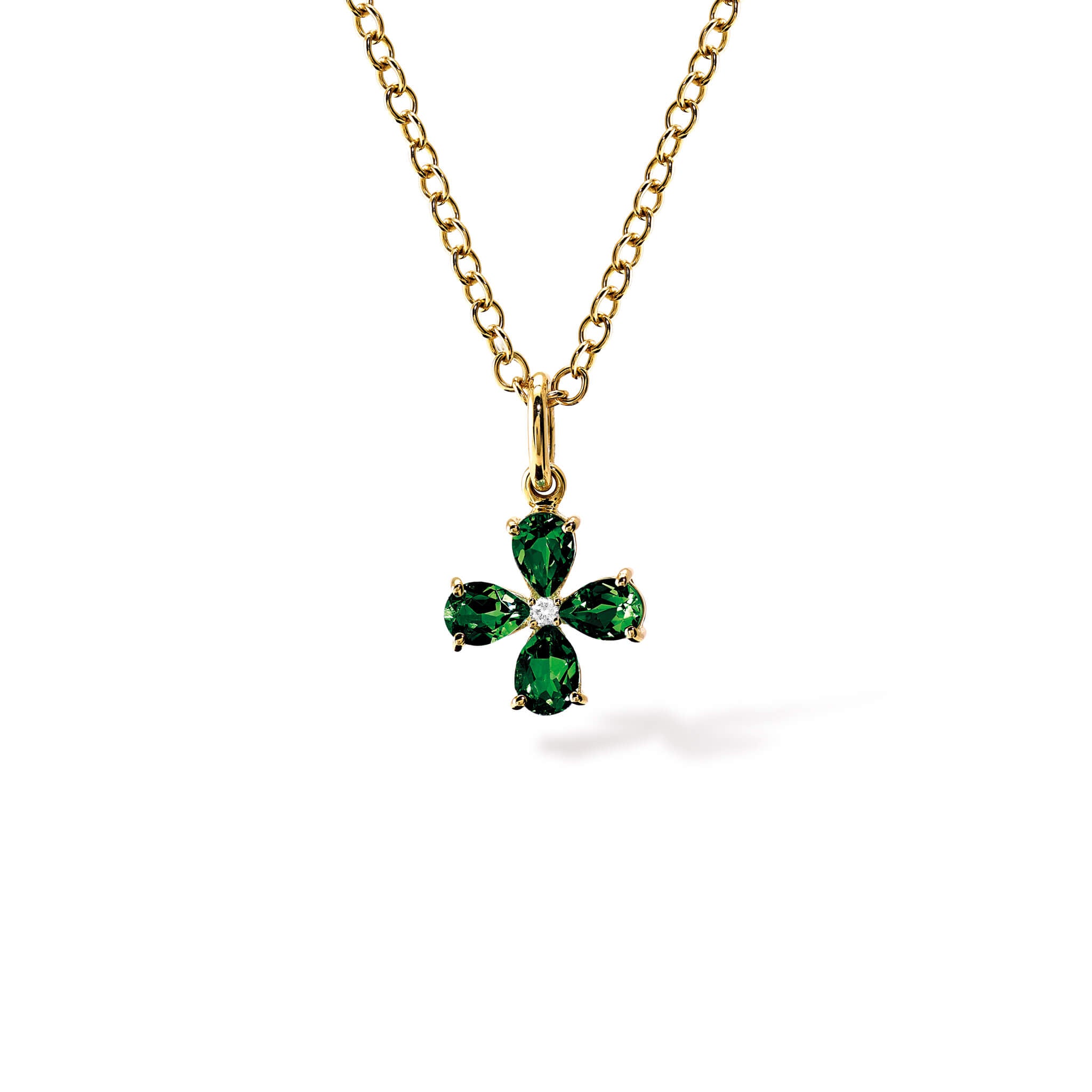 Handcrafted yellow gold four-leaf clover necklace pendant with chrome diopside and diamond.