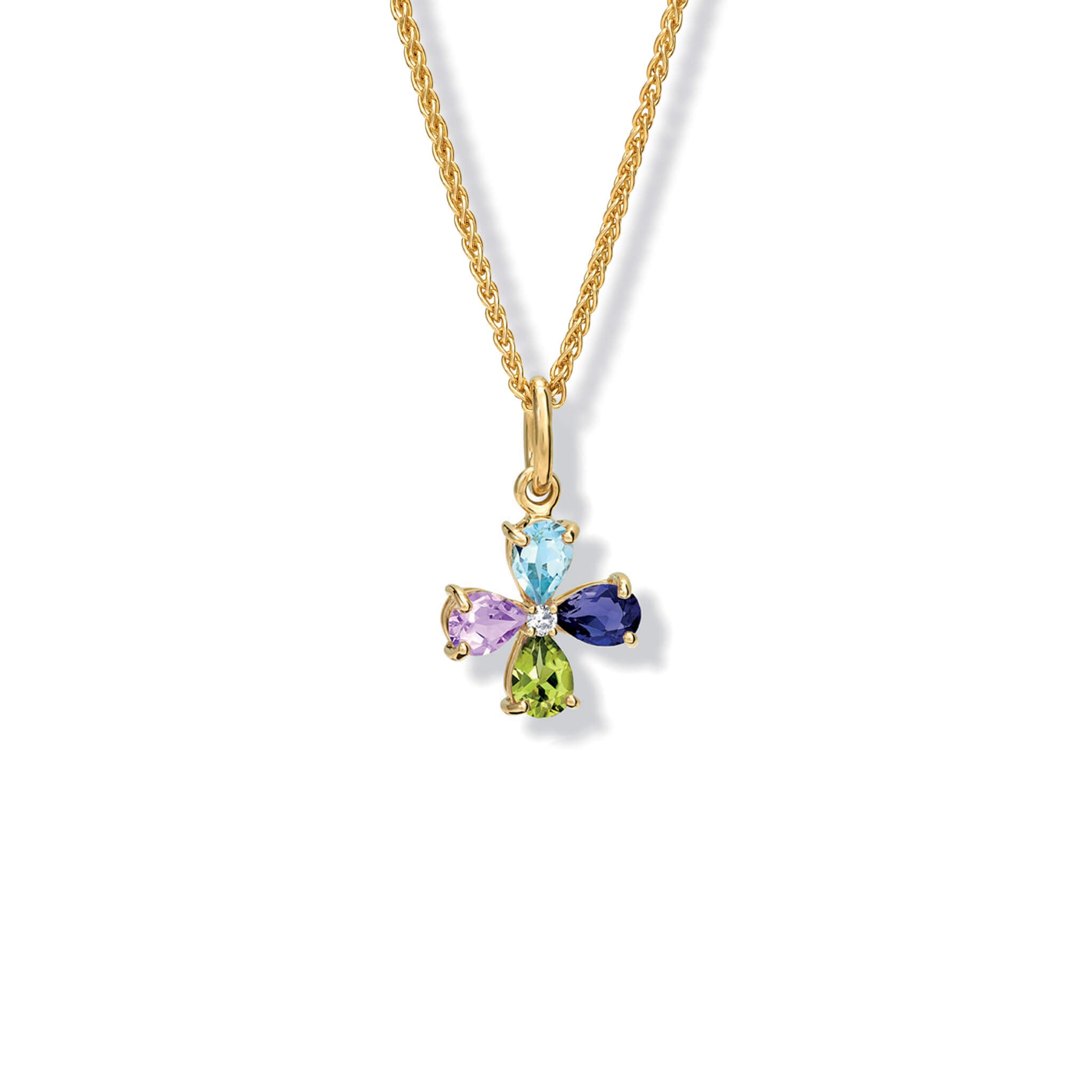Handcrafted yellow gold four-leaf clover necklace pendant with peridot, amethyst, topaz, iolite and diamond.
