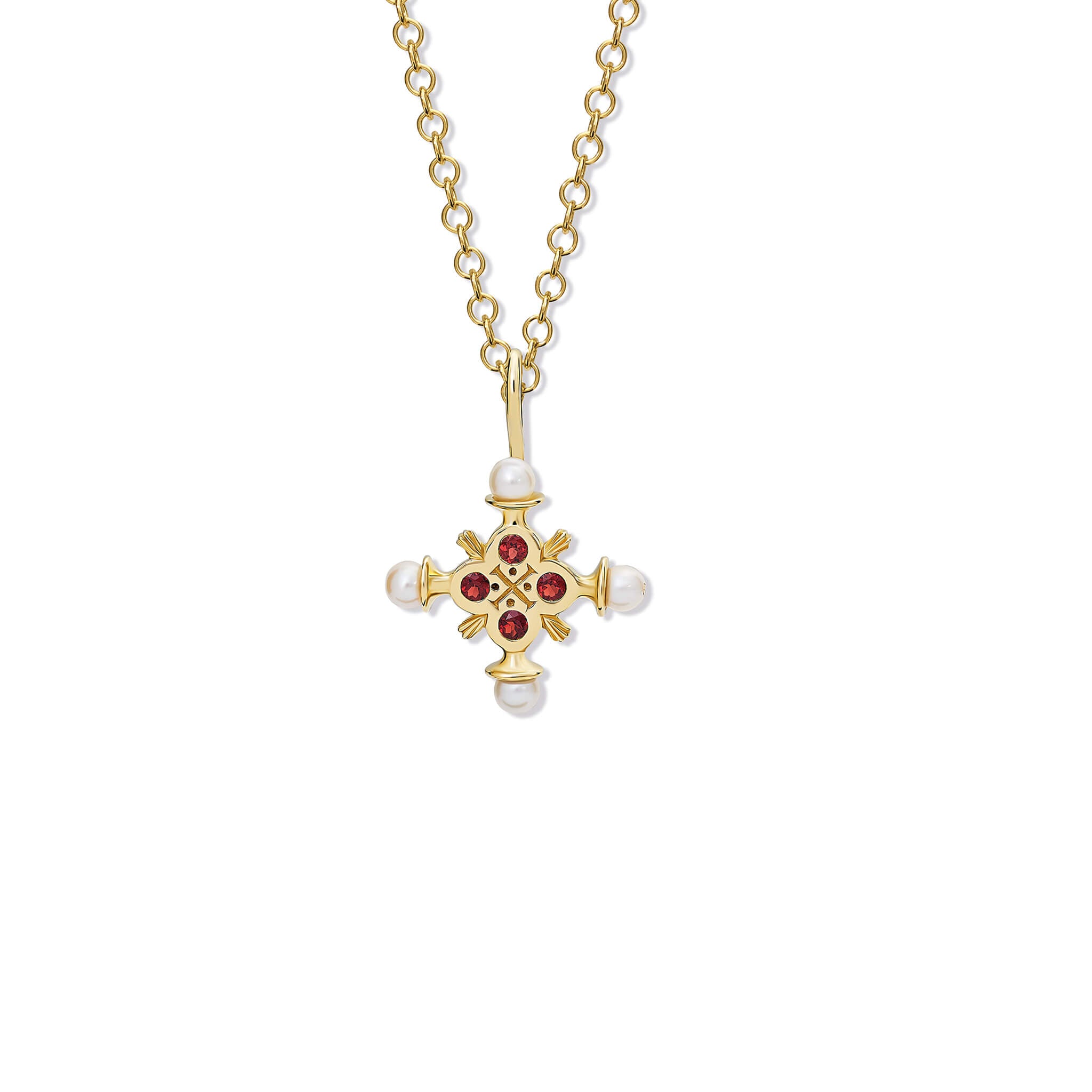 Handcrafted yellow gold cross pendant with red garnet and pearl, birthstone of January.