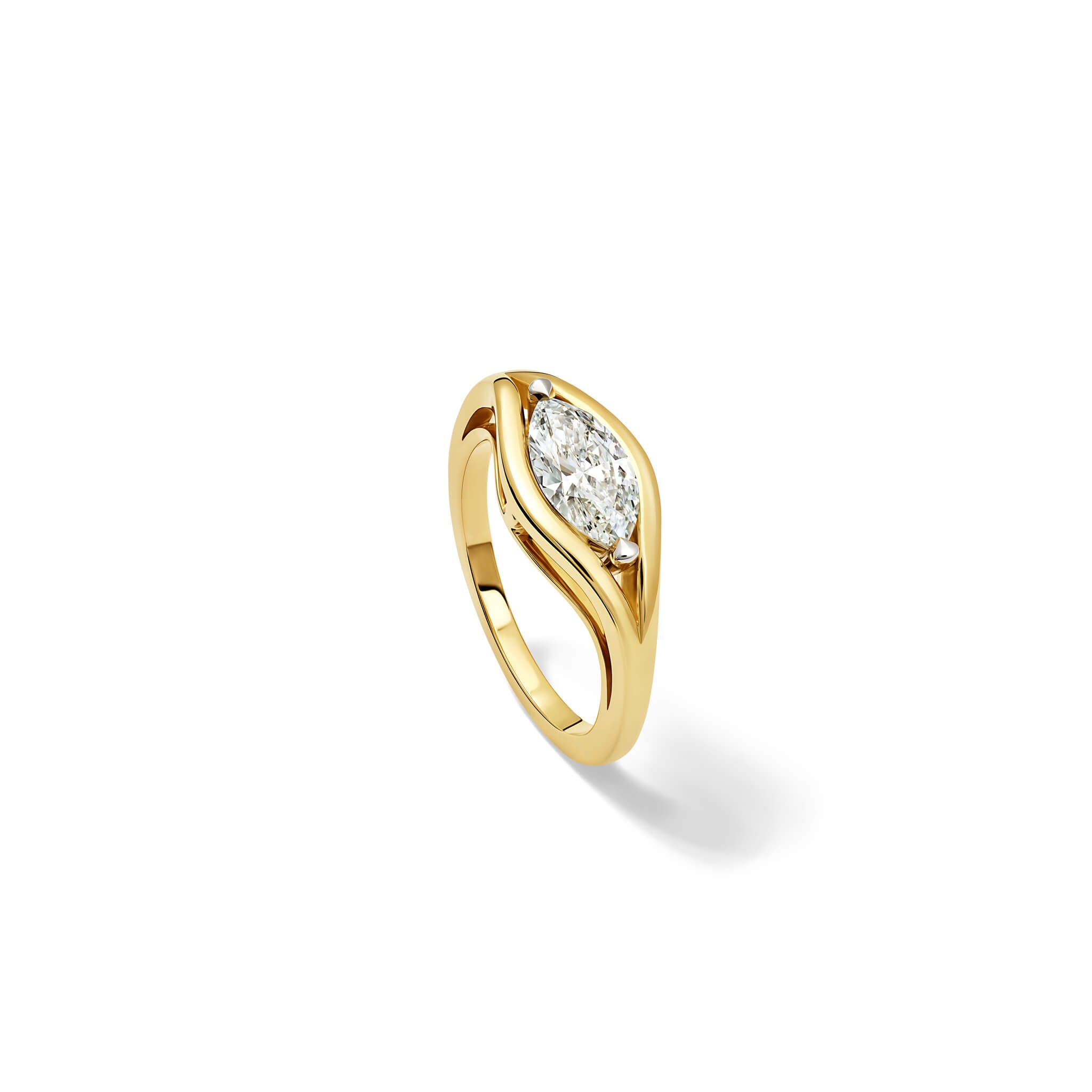 Handcrafted Marielle engagement ring in 18ct yellow and white gold with central marquise diamond