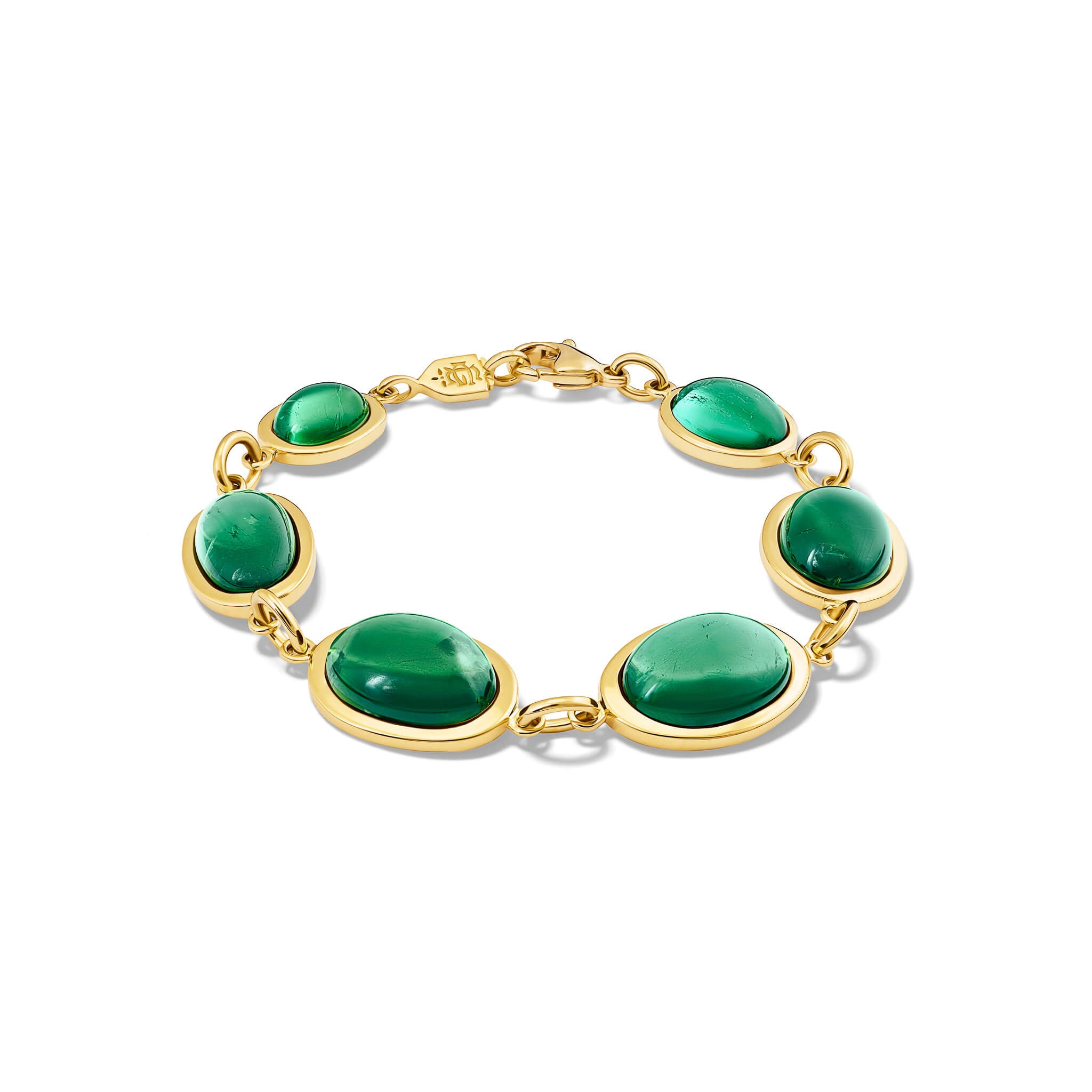 Handcrafted 18ct yellow gold bracelet with oval cabochon strong green tourmaline, october birthstone