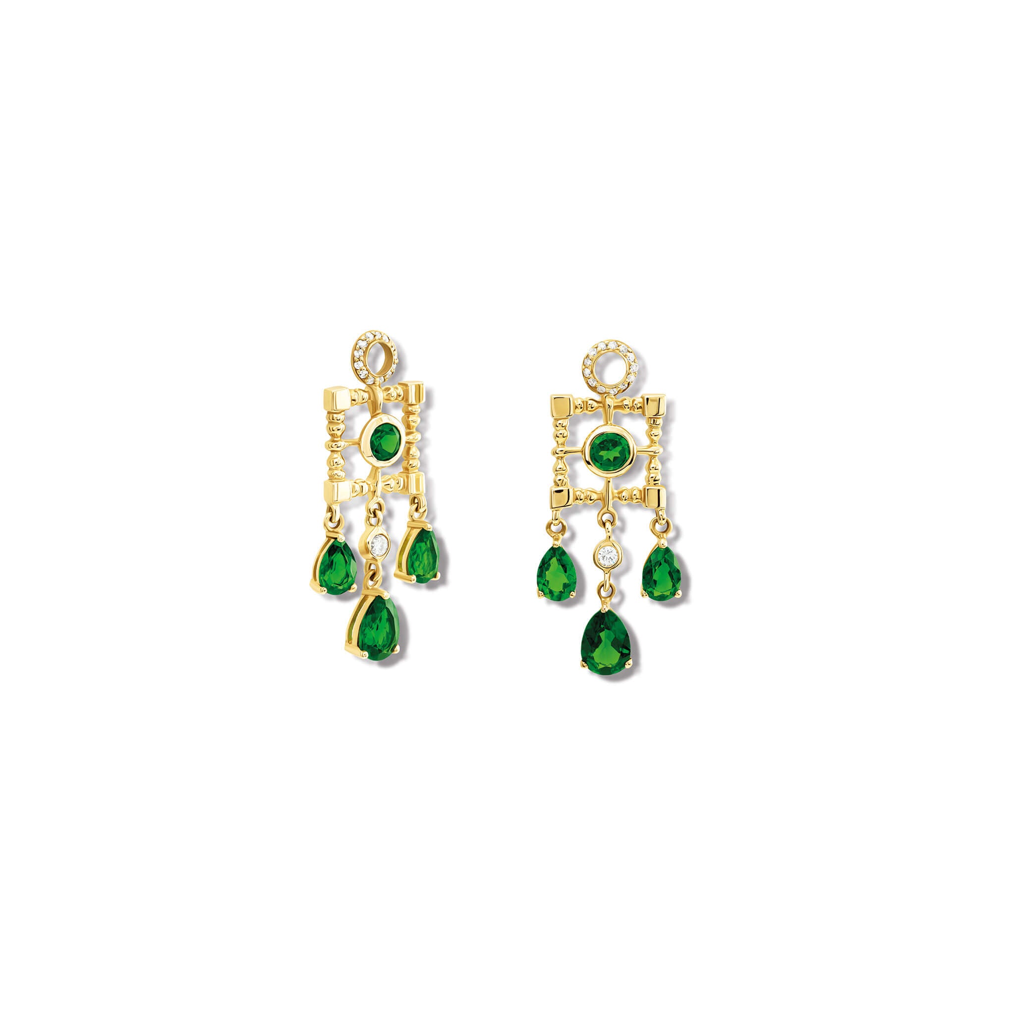 Handcrafted earring drops in yellow gold featuring a teardrop-shaped design with chrome diopside.