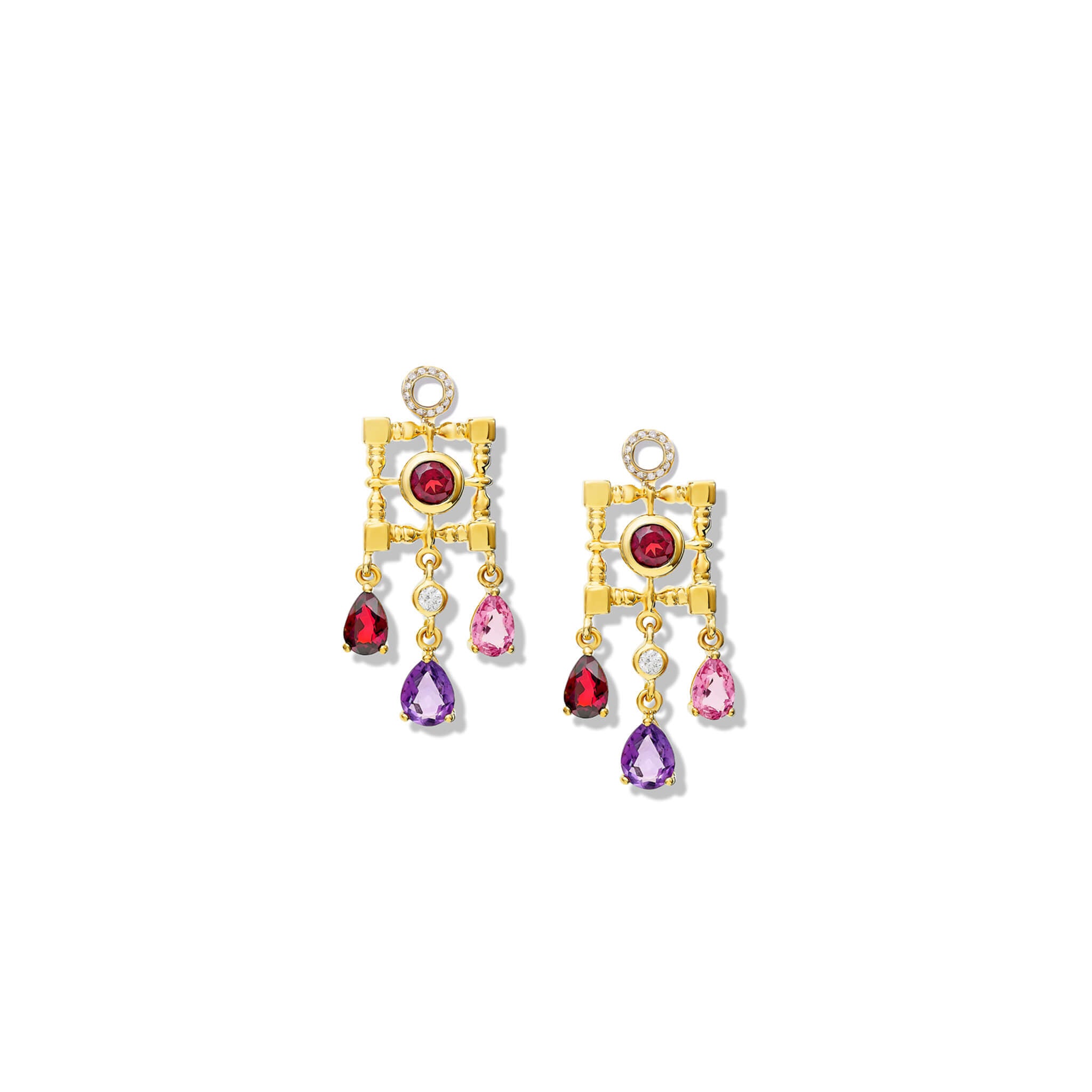 Handcrafted yellow gold earring drops featuring a square frame and drop gemstones of garnet, amethyst, pink tourmaline and diamond.