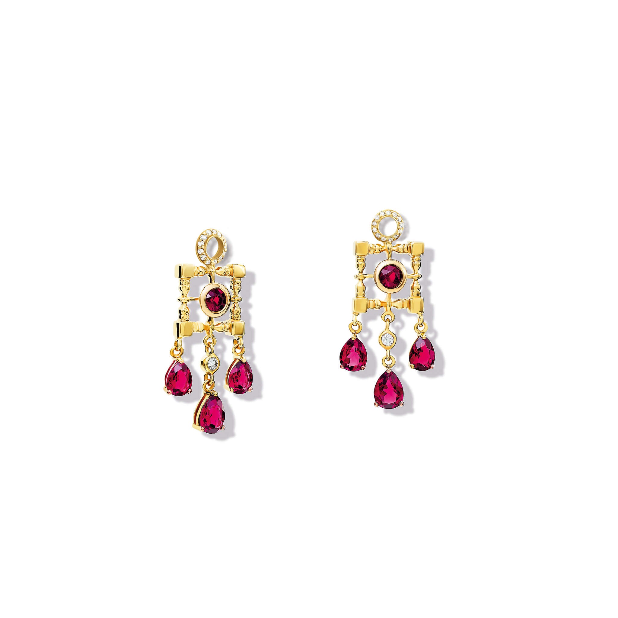 Handcrafted yellow gold earring drops featuring a square frame and drop gemstones of rhodolite garnet and diamond.