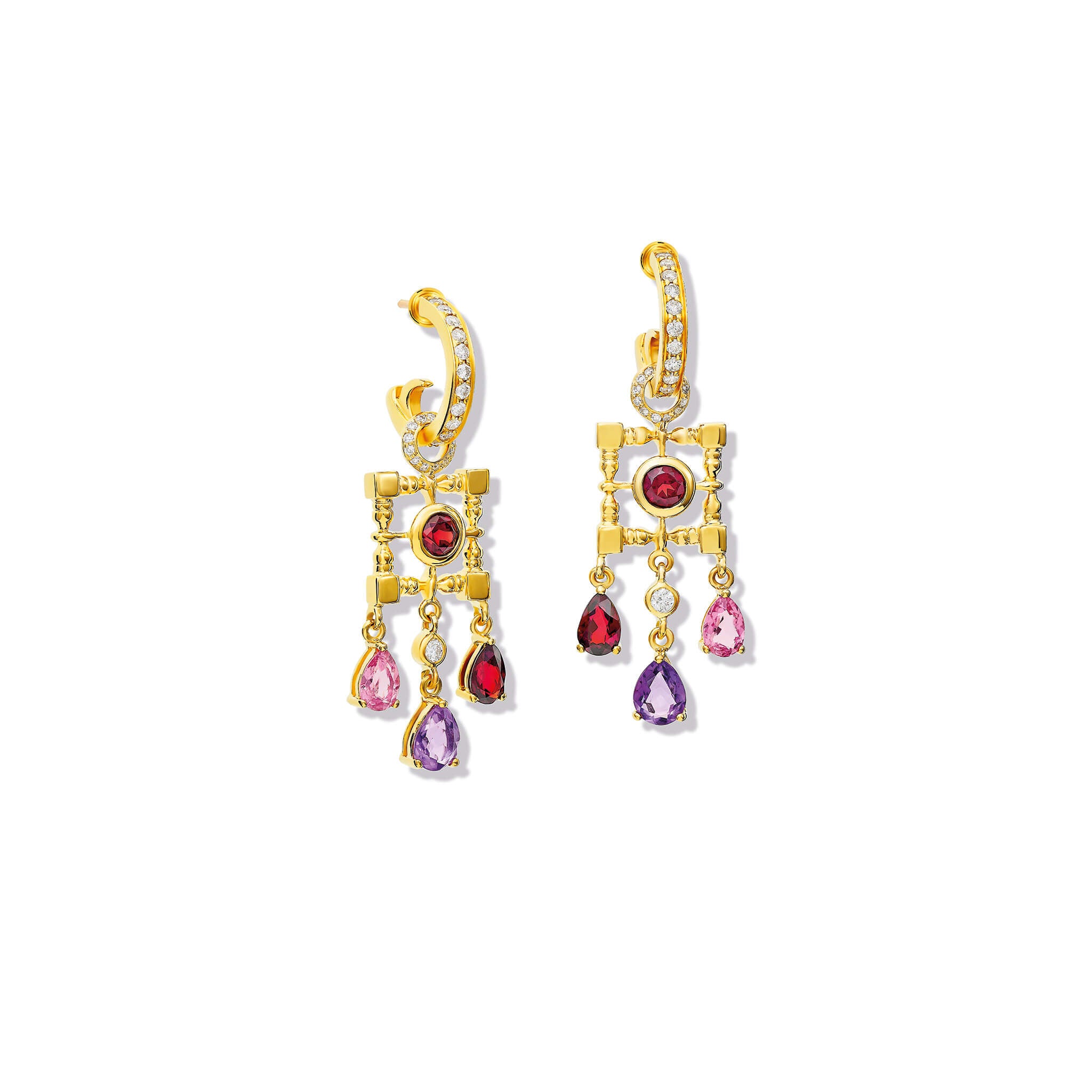 Handcrafted yellow gold earring drops featuring a square frame and drop gemstones of garnet, amethyst, pink tourmaline and diamond.