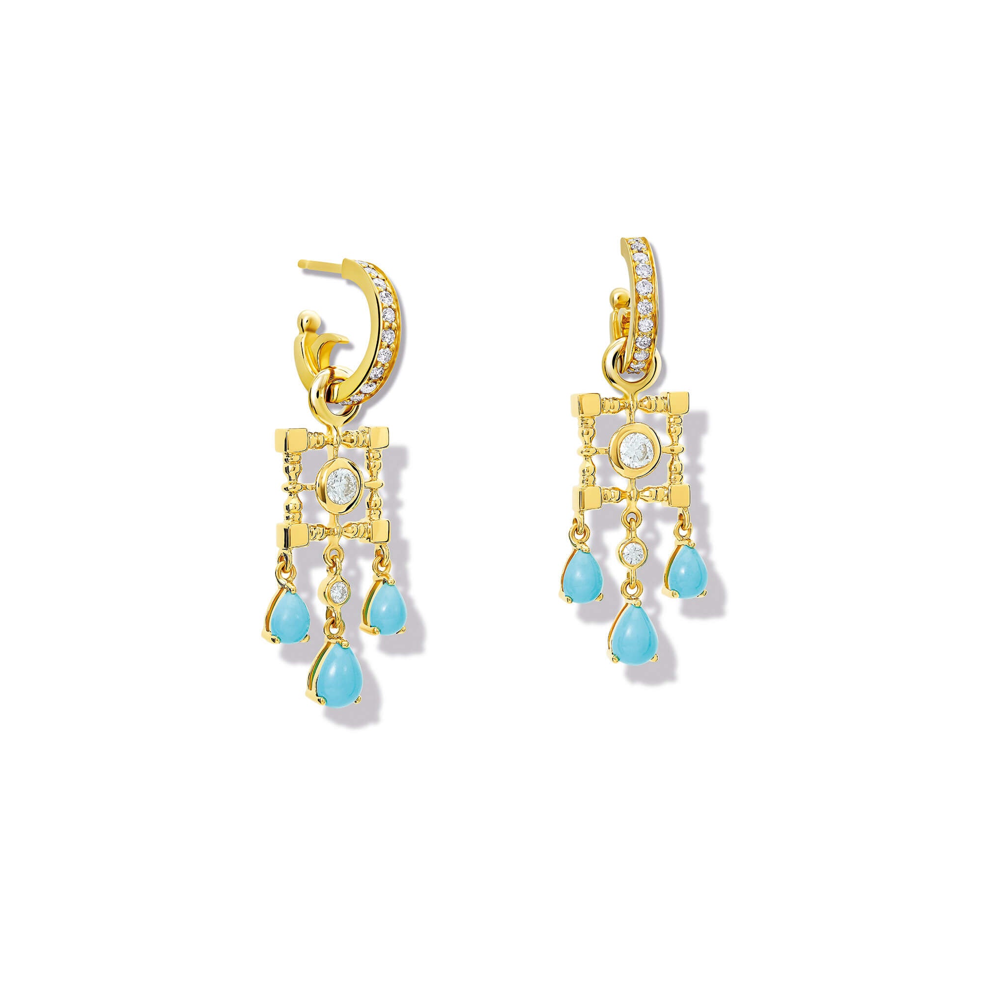 Handcrafted earring drops in 9ct yellow gold featuring a teardrop-shaped design with turquoise and diamond, december birthstone