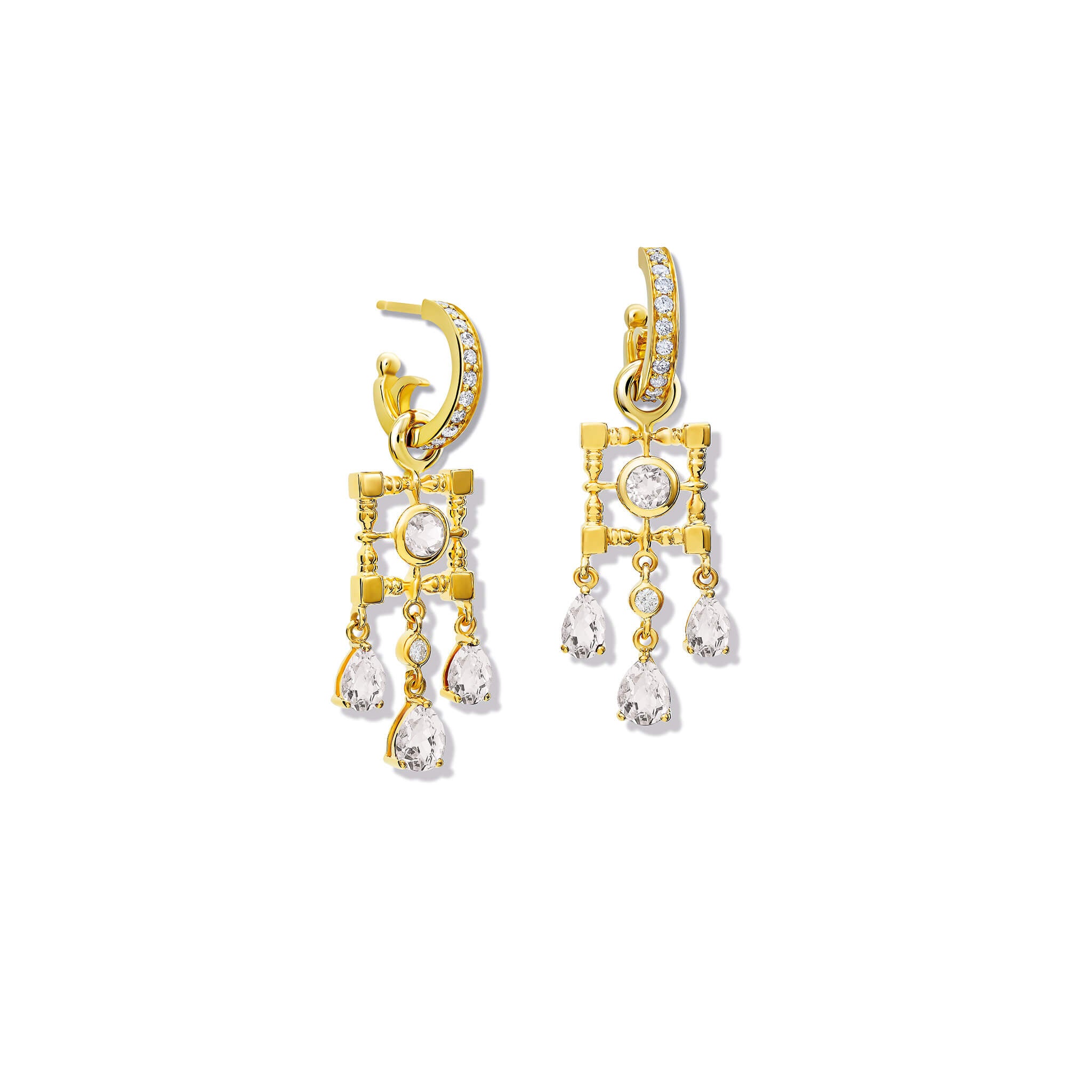 Handcrafted earring drops in 9ct yellow gold featuring a teardrop-shaped design with white sapphire and diamond, september birthstone