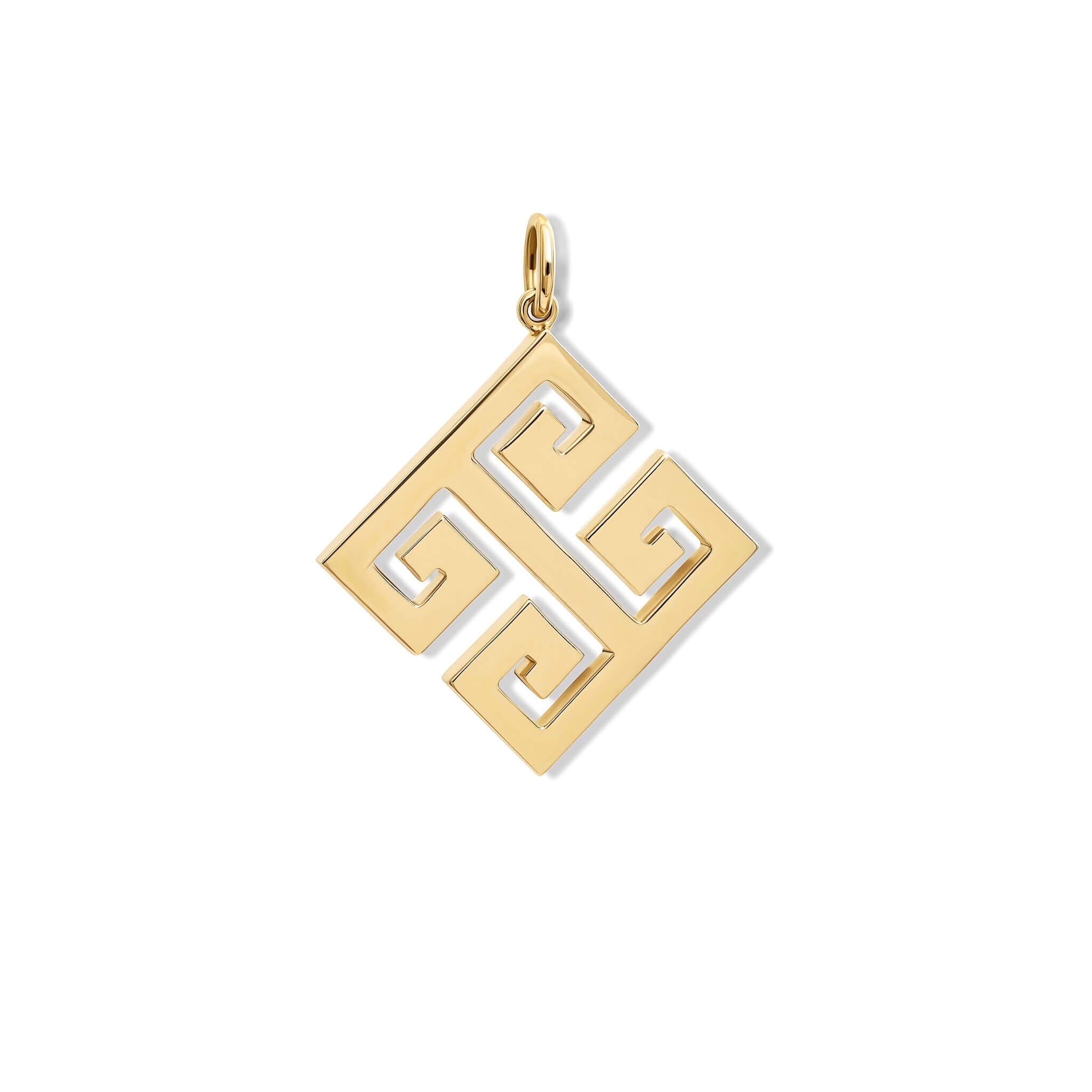 Handcrafted yellow gold necklace pendant featuring a Greek key pattern.