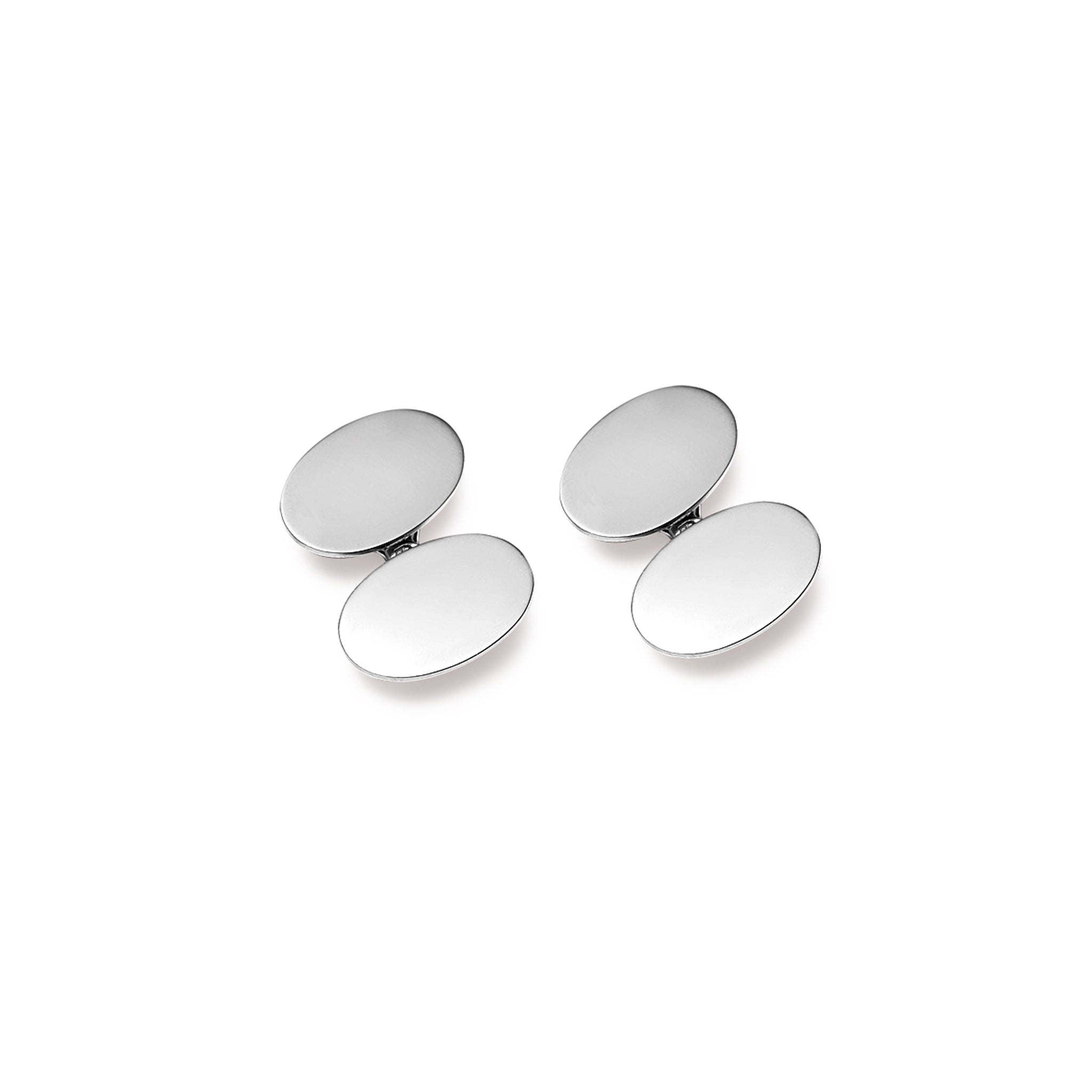 Handcrafted sterling silver double ended cufflinks featuring a plain oval shape.
