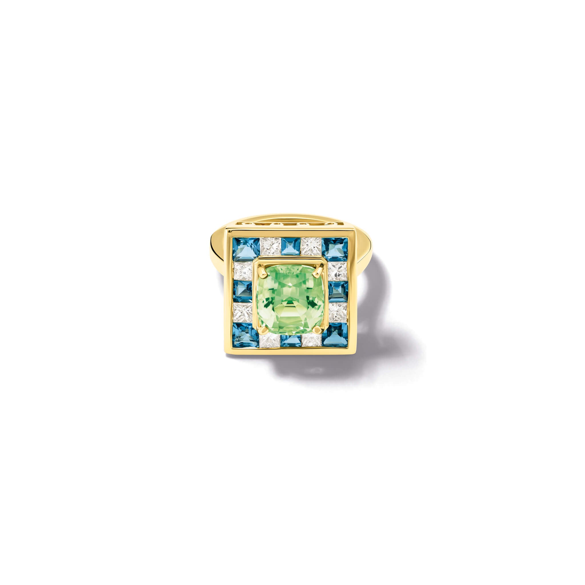Handcrafted 18ct yellow gold ring featuring a central long mint green tourmaline surrounded by ten square cut aquamarines and ten princess cut diamonds.