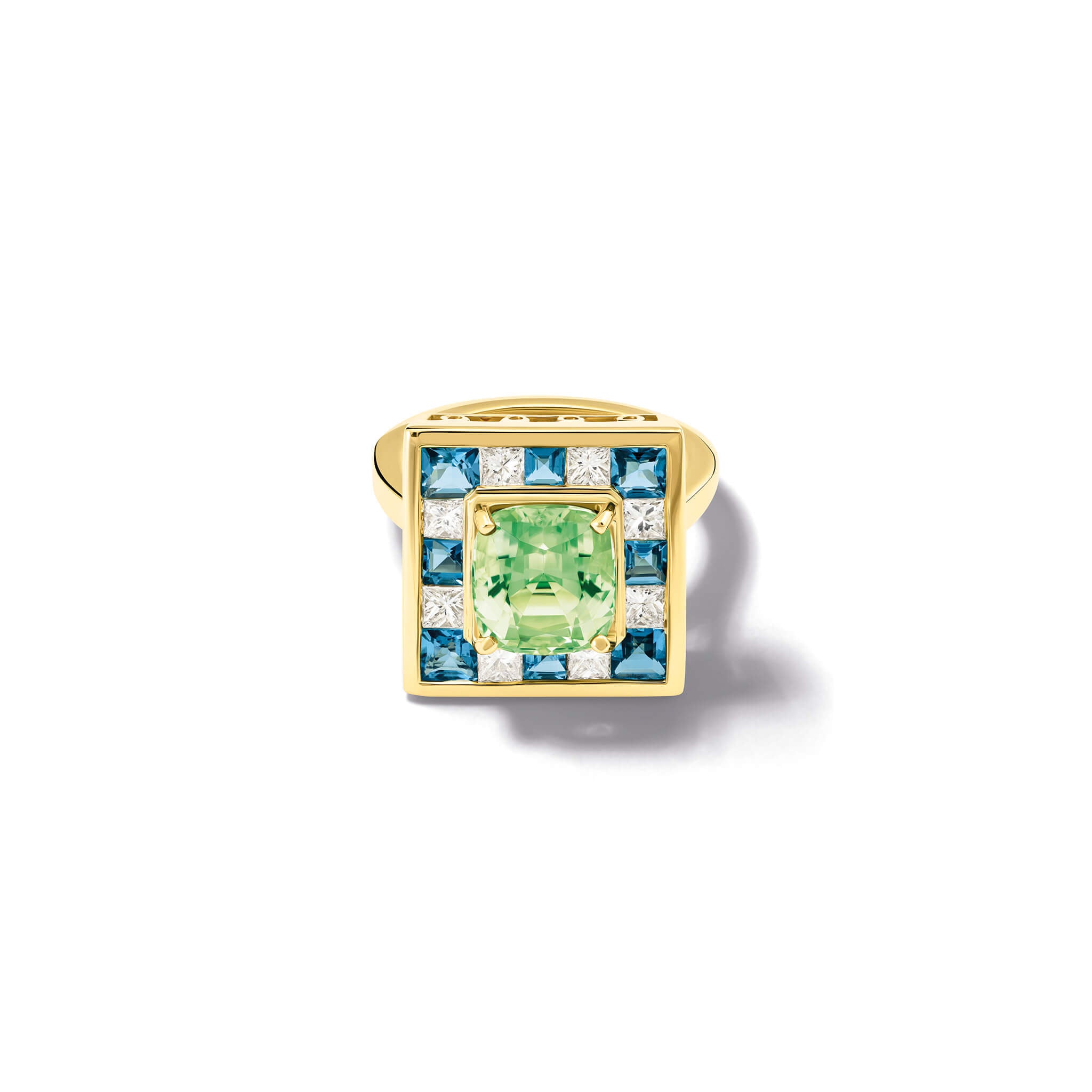 Handcrafted 18ct yellow gold ring featuring a central long mint green tourmaline surrounded by ten square cut aquamarines and ten princess cut diamonds.