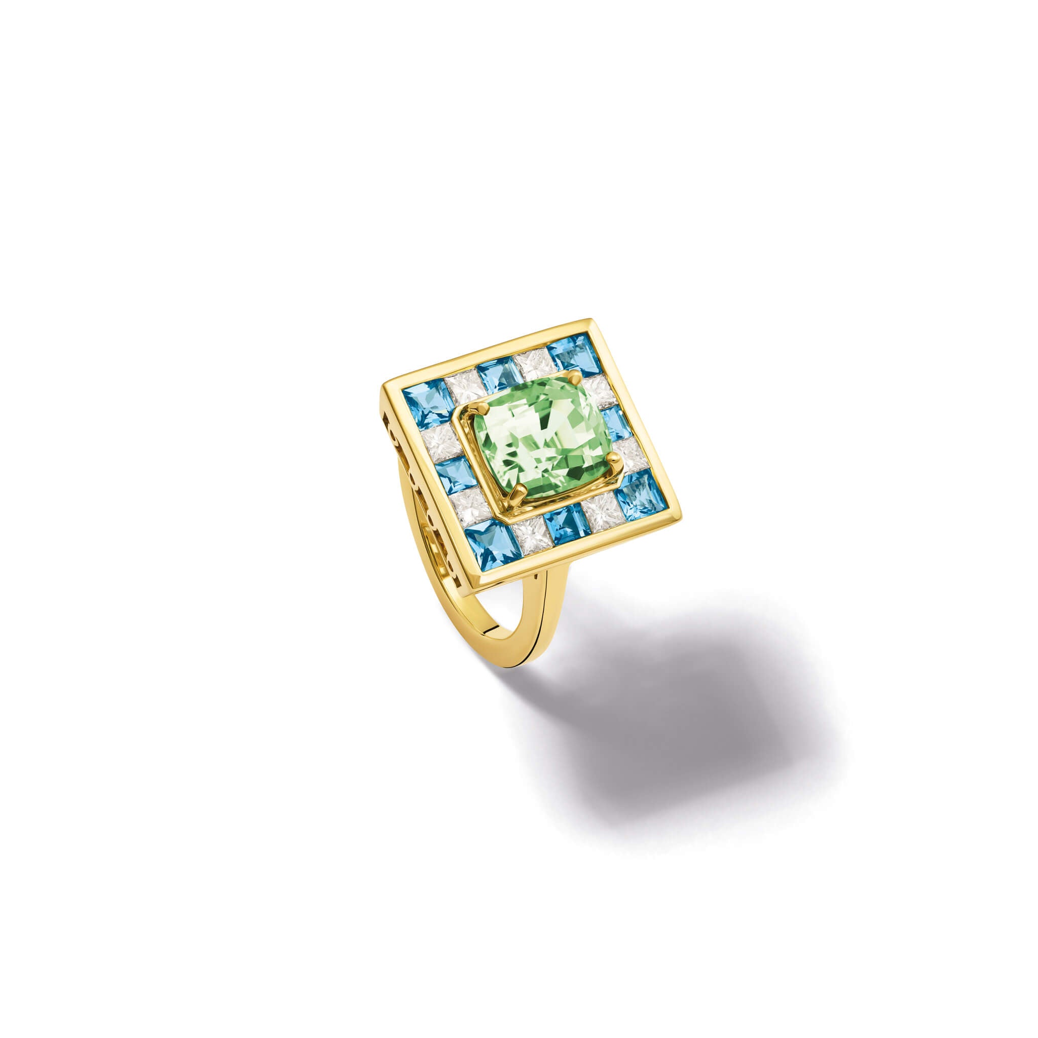Handcrafted 18ct yellow gold ring featuring a central long mint green tourmaline surrounded by ten square cut aquamarines and ten princess cut diamonds.