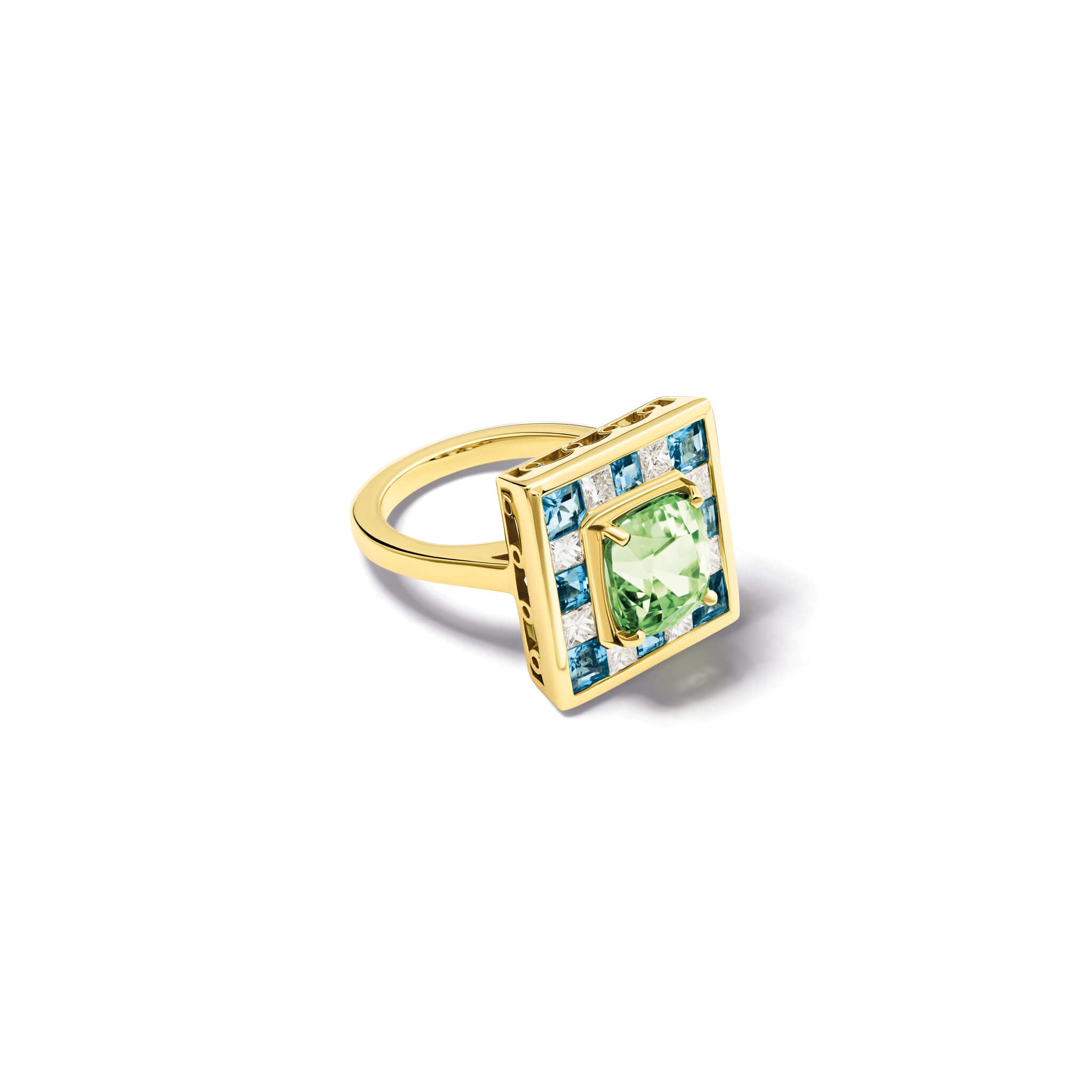 Handcrafted 18ct yellow gold ring featuring a central long mint green tourmaline surrounded by ten square cut aquamarines and ten princess cut diamonds.