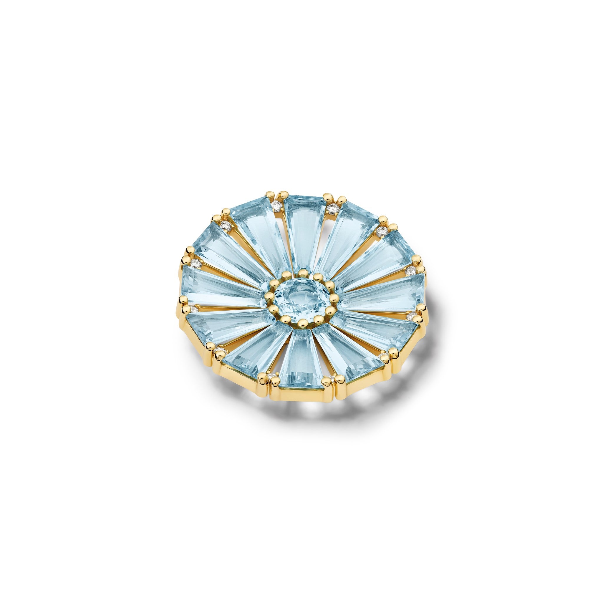 Handcrafted yellow gold circular brooch with baguette cut blue topaz, a central blue topaz and diamond gemstones.