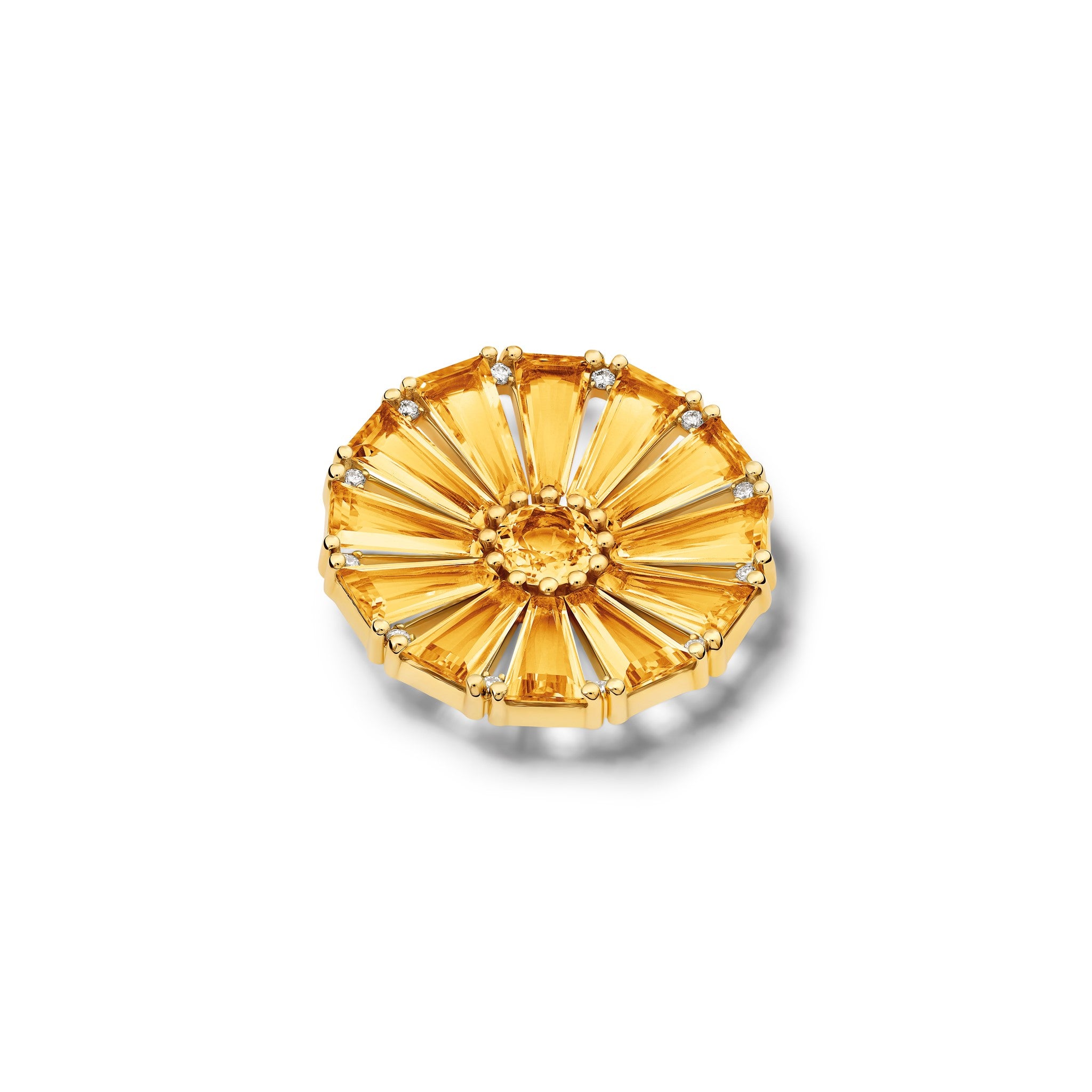 Handcrafted yellow gold circular brooch with baguette cut citrine, a central citrine and diamond gemstones.