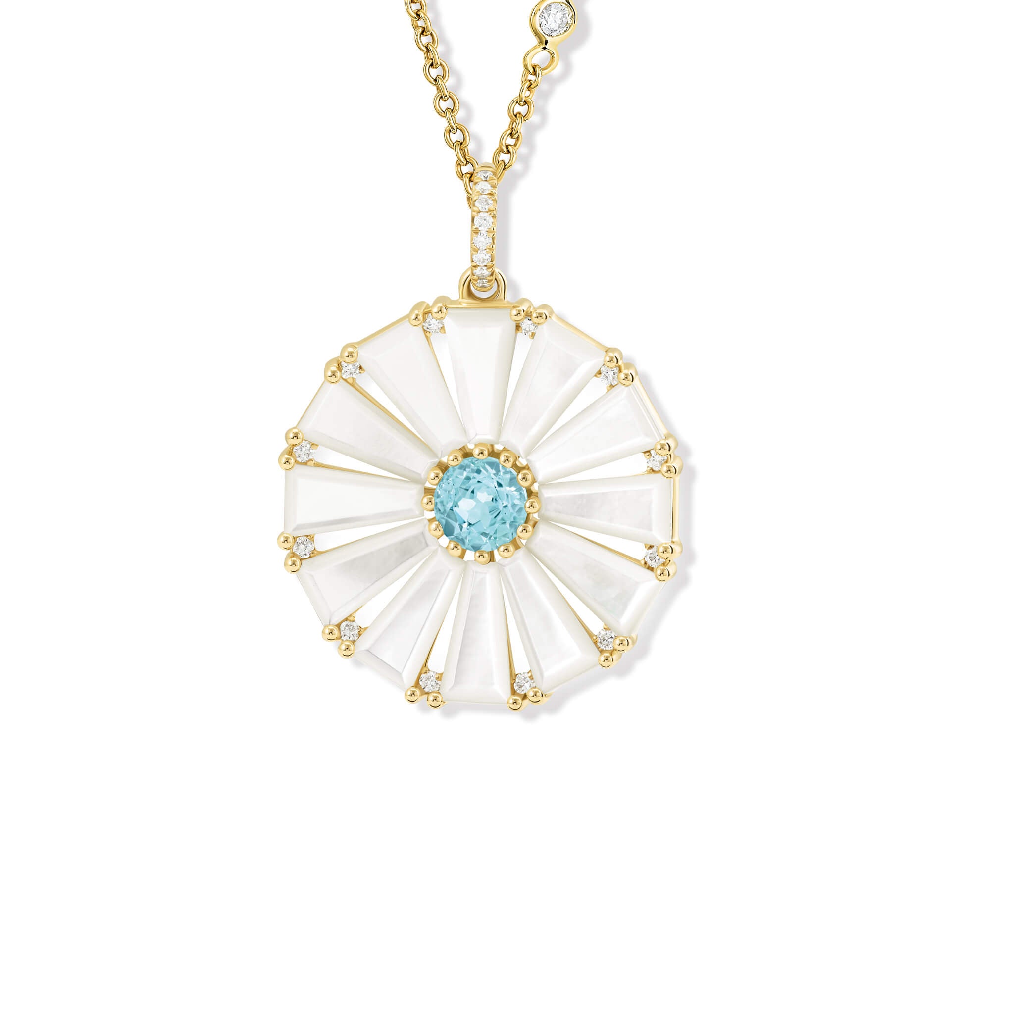 Handcrafted yellow gold circular necklace pendant with baguette cut mother of pearl, blue topaz and diamond gemstones.