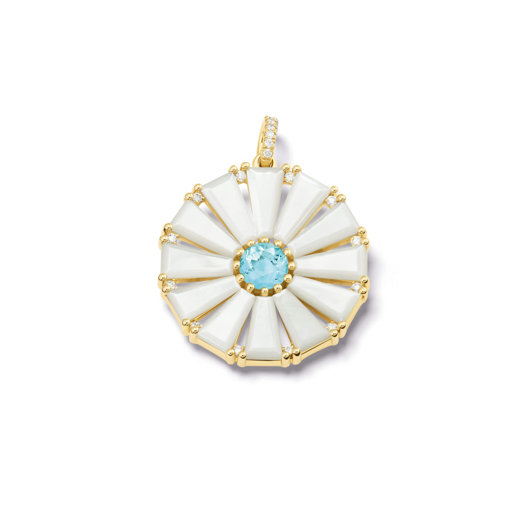 Handcrafted yellow gold circular necklace pendant with baguette cut mother of pearl, blue topaz and diamond gemstones.