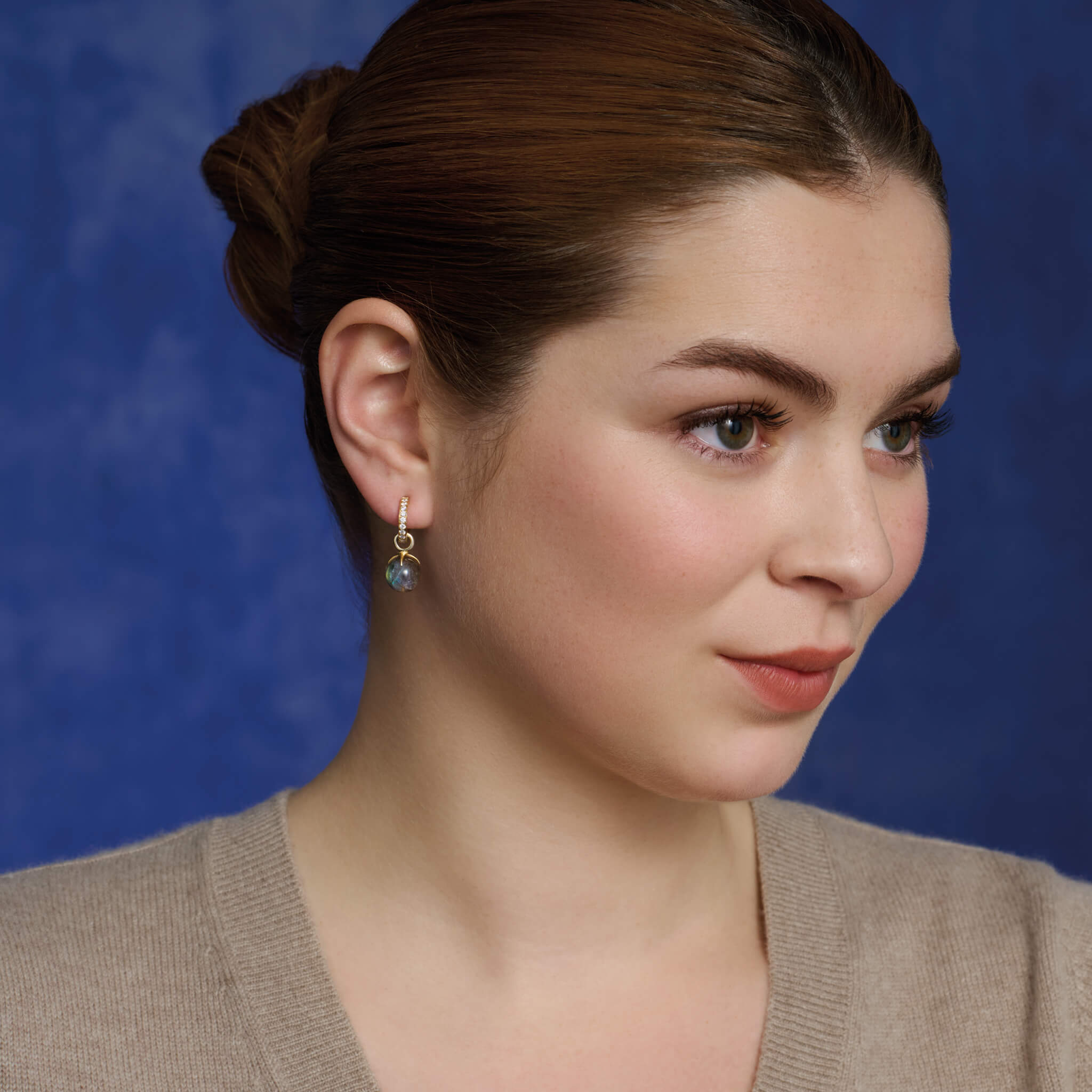 Handcrafted yellow gold earring drops with  round aquamarine beads, birthstone of March.