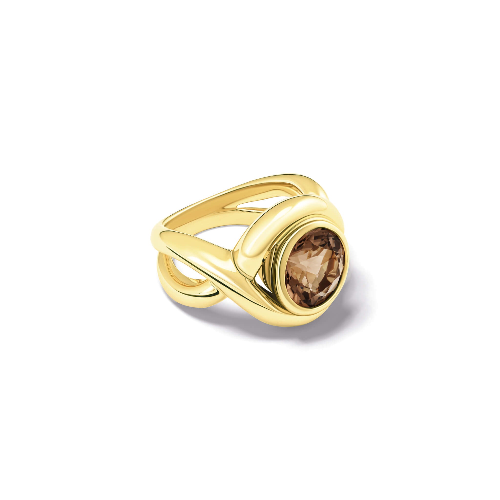 Handcrafted yellow gold ring featuring curved shanks with a unique smoky quartz.