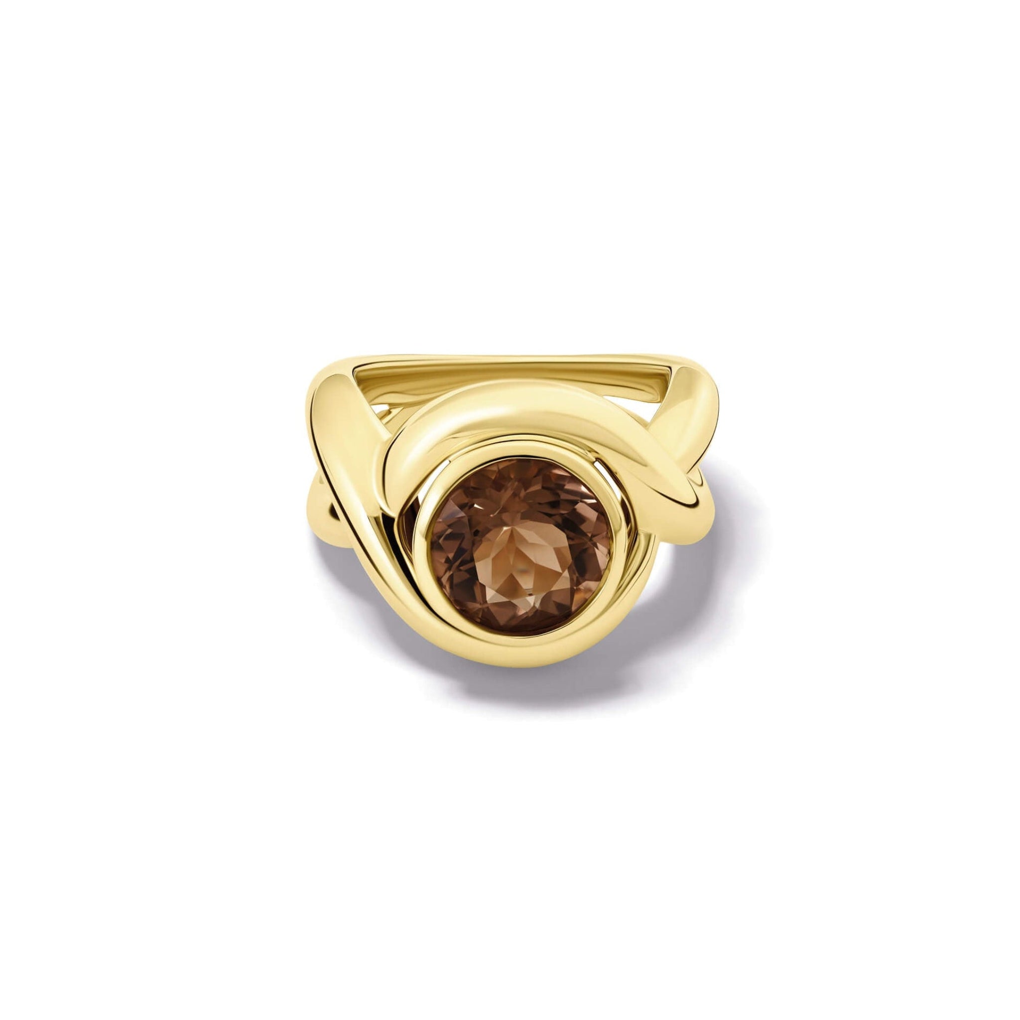 Handcrafted yellow gold ring featuring curved shanks with a unique smoky quartz.
