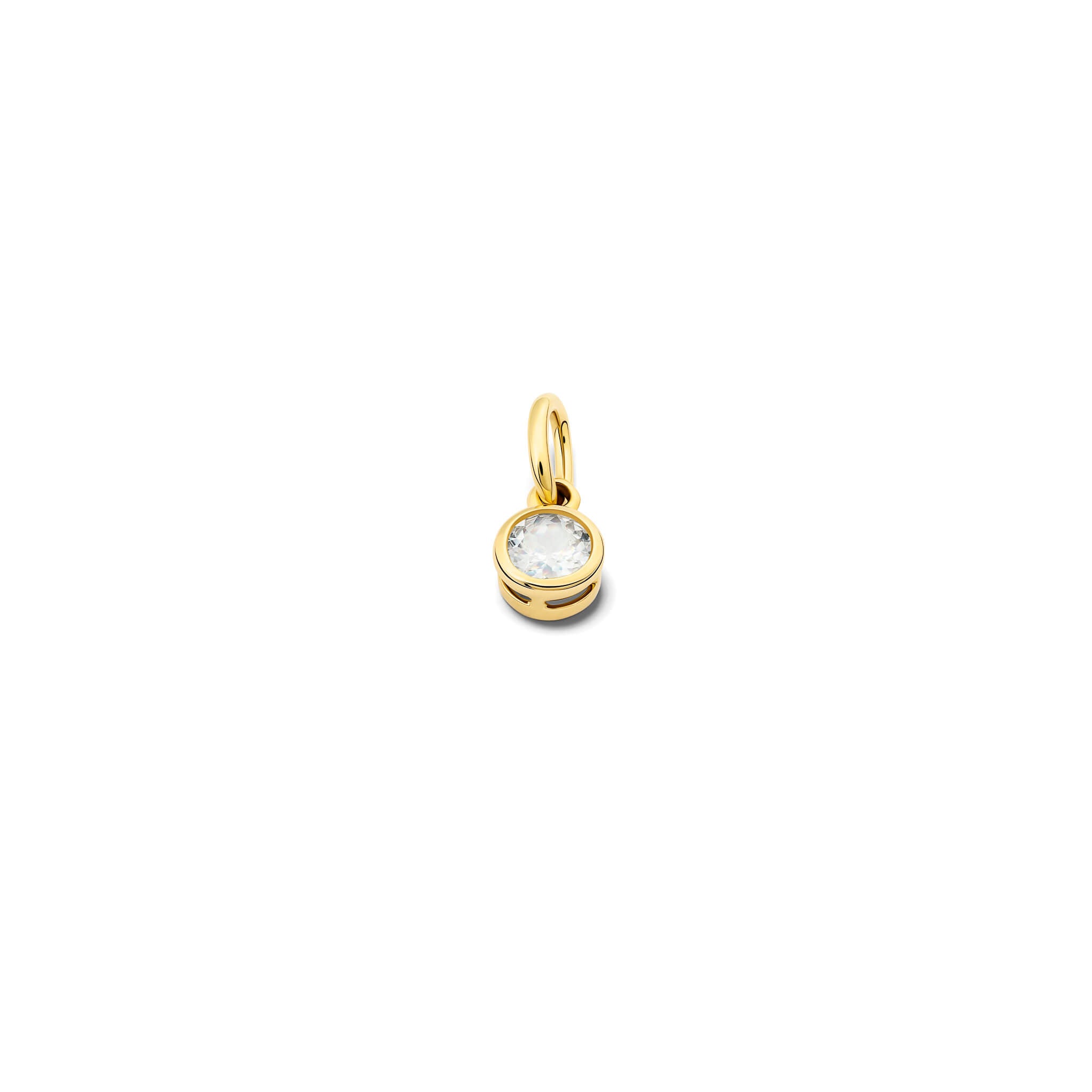 Handcrafted necklace pendant in yellow gold featuring a round white sapphire drop, birthstone of September.