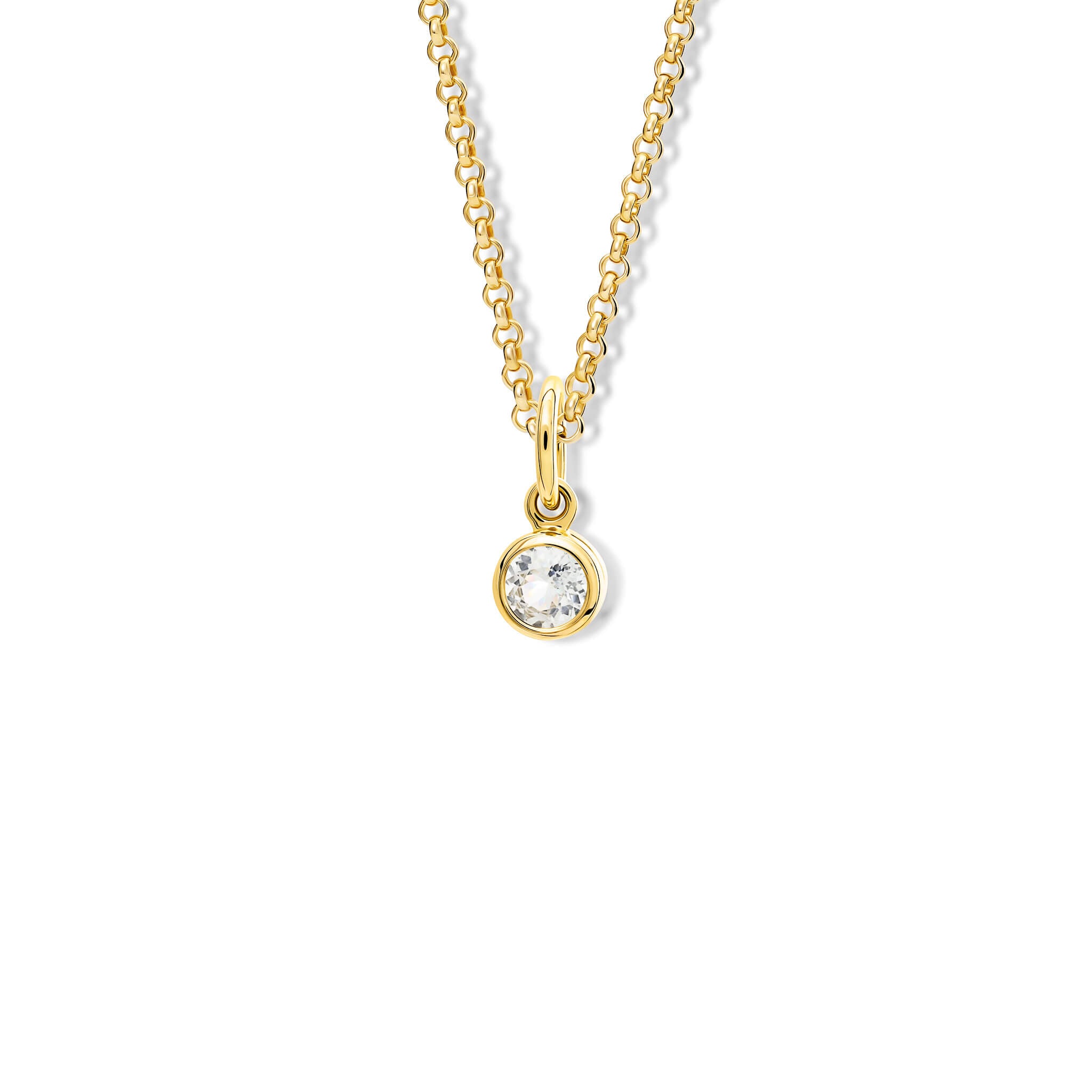 Handcrafted necklace pendant in yellow gold featuring a round white sapphire drop, birthstone of September.