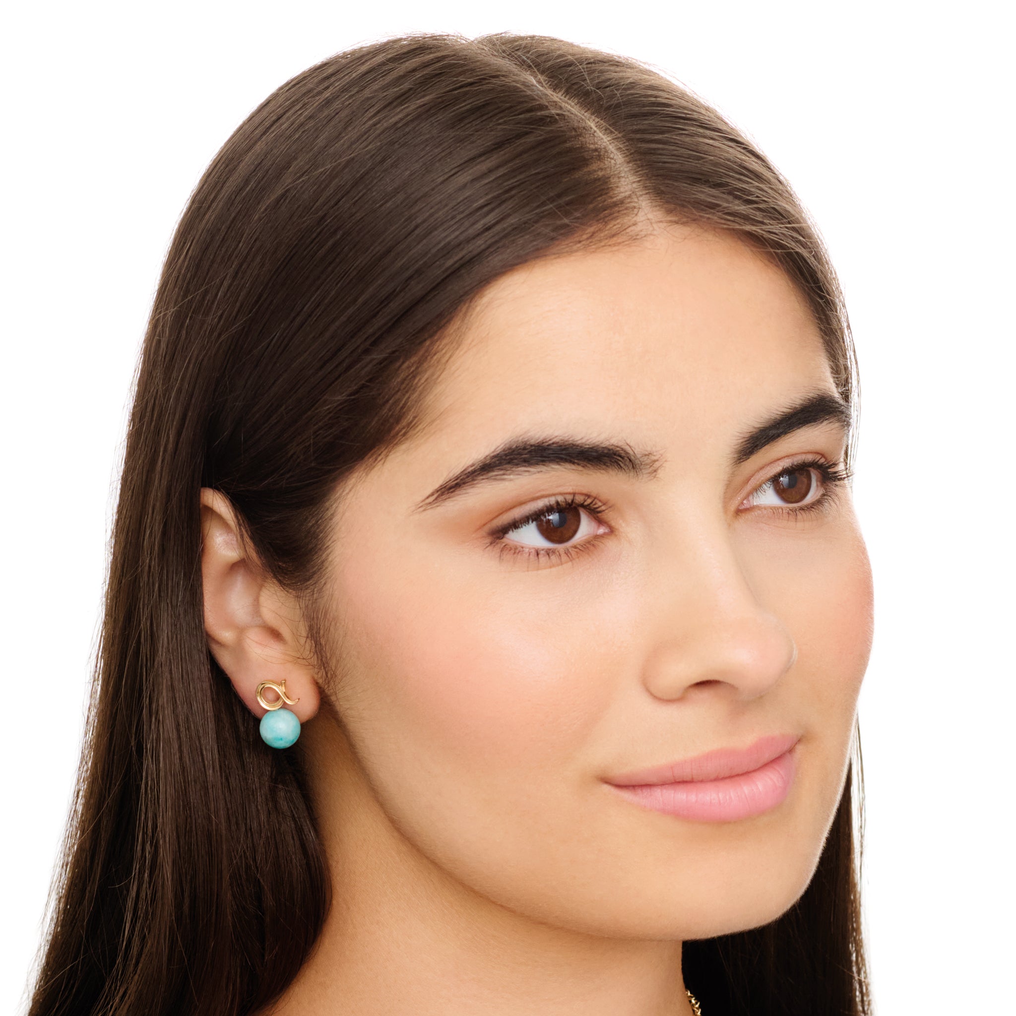 Handcrafted 9ct yellow gold pair of studs : one stud is the shaped of alpha Greek letter and the other omega letter. Both with blue amazonite bead.