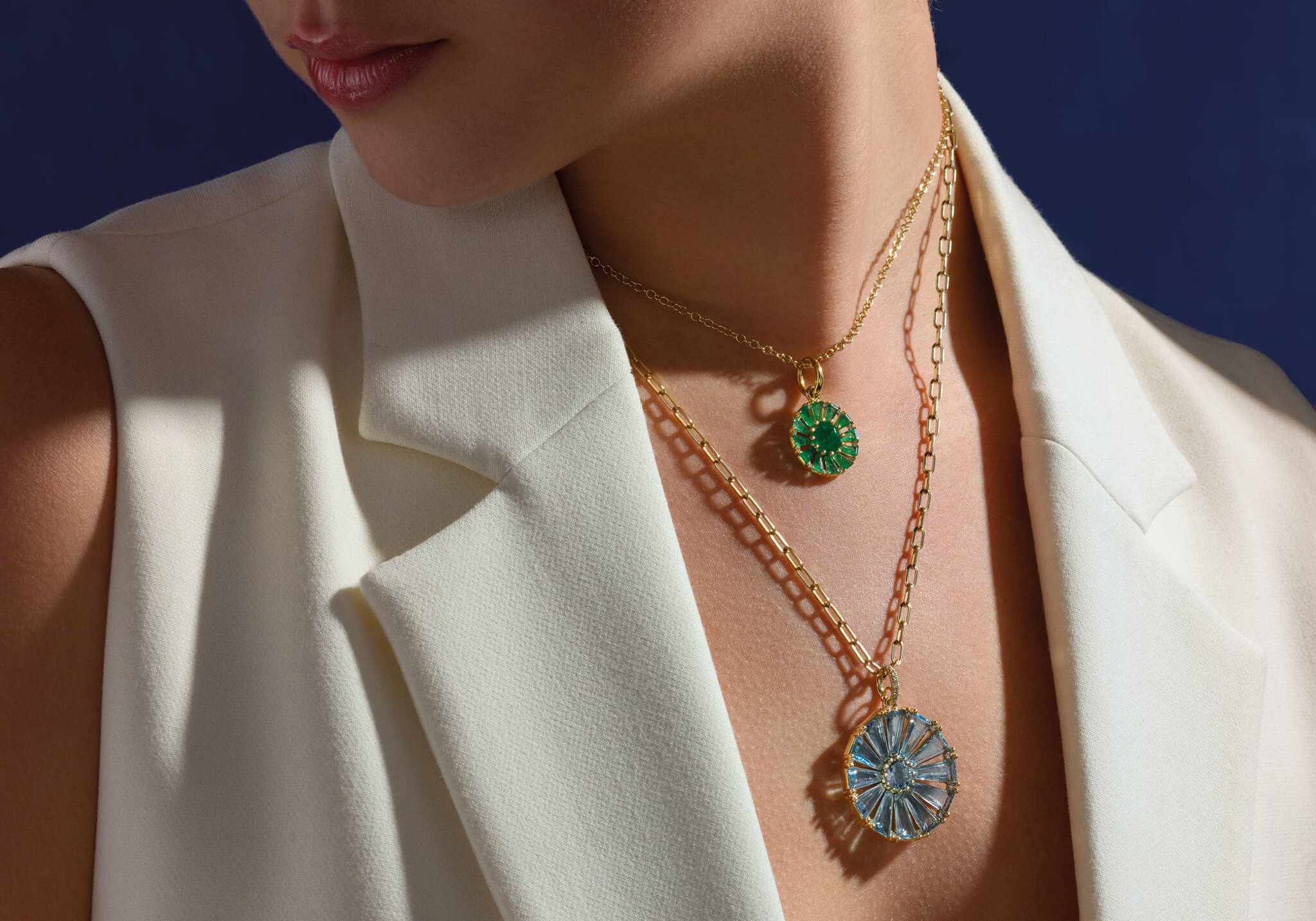 Model wears emerald Roi Soleil.