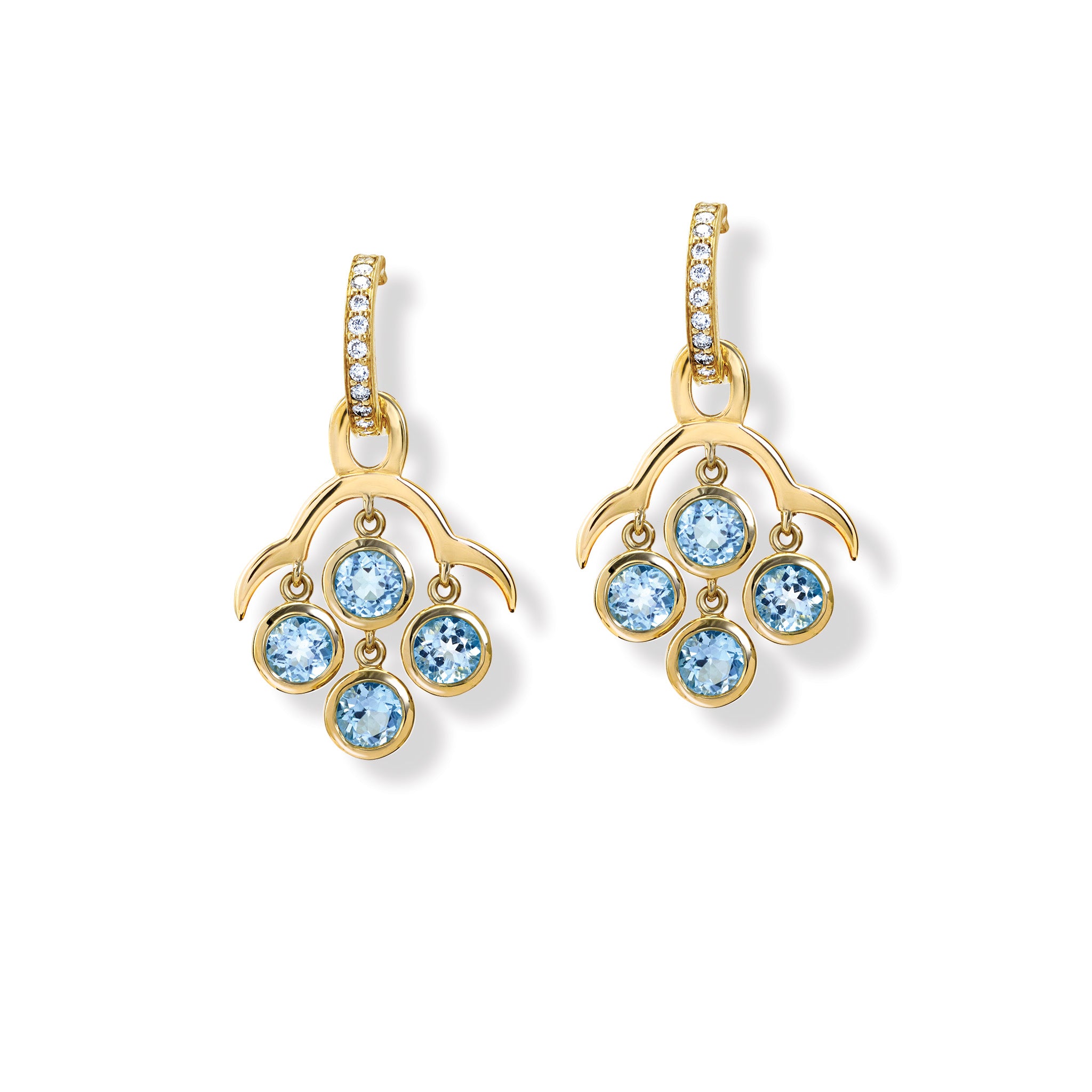 Handcrafted yellow gold earring drops inspired by acai berries featuring three blue topaz gemstones, on Astrea hoops.
