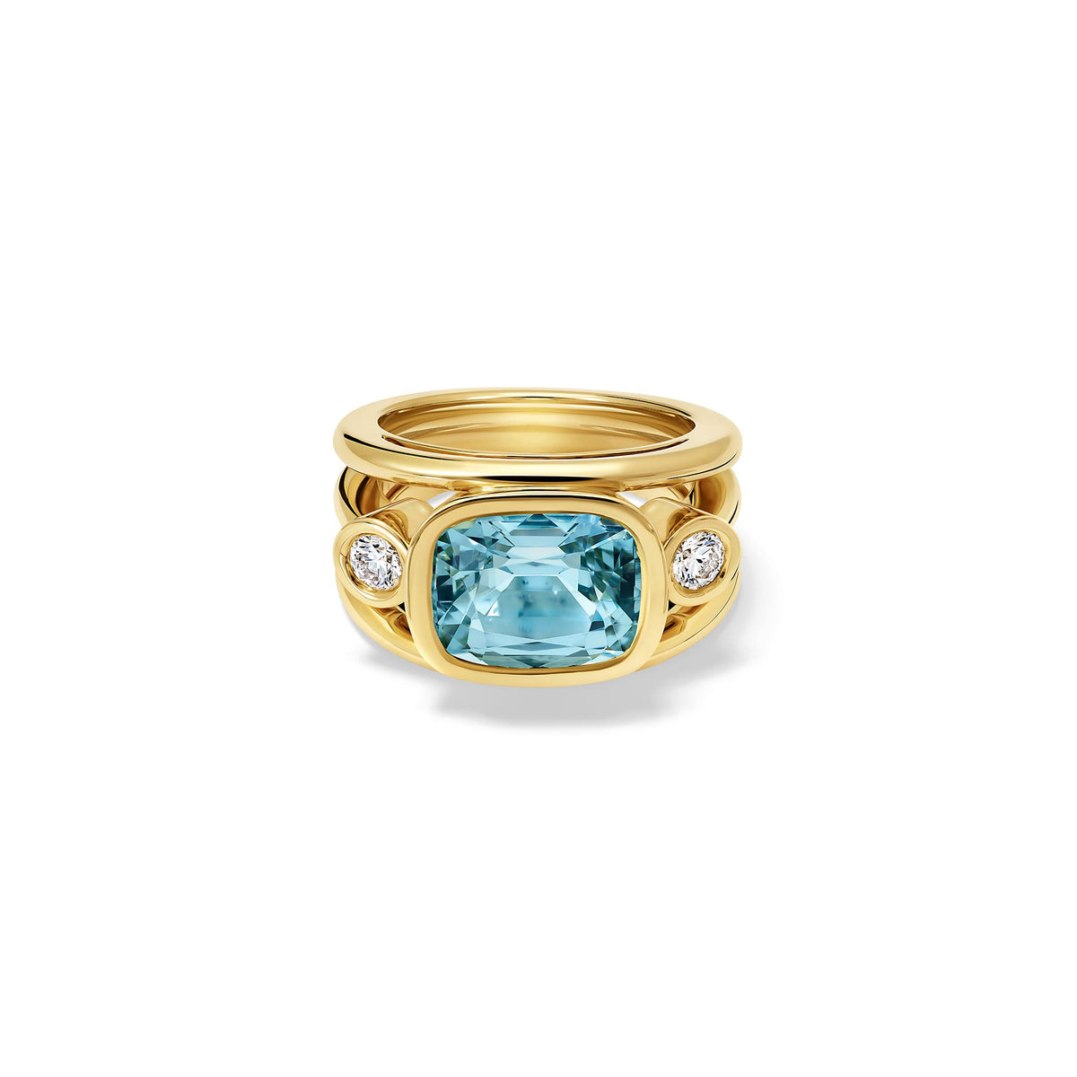 Handcrafted 18ct yellow gold Aeneus ring with facetted cushion cut oval aquamarine and brilliant round cut diamonds. March birthstone.
