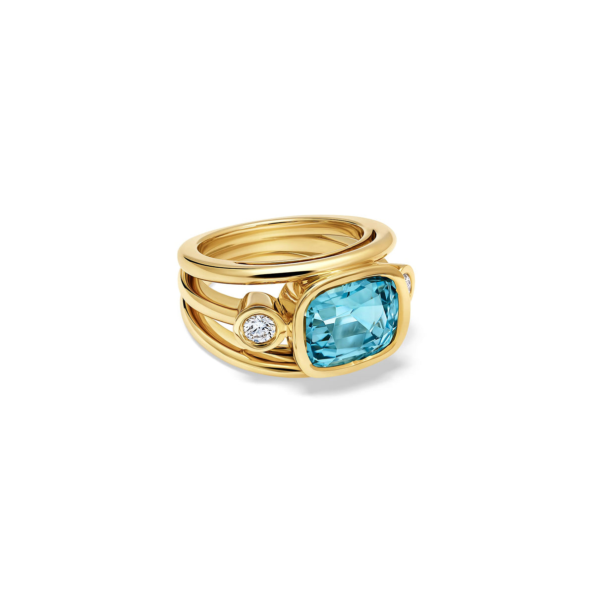 Handcrafted 18ct yellow gold Aeneus ring with facetted cushion cut oval aquamarine and brilliant round cut diamonds. March birthstone.