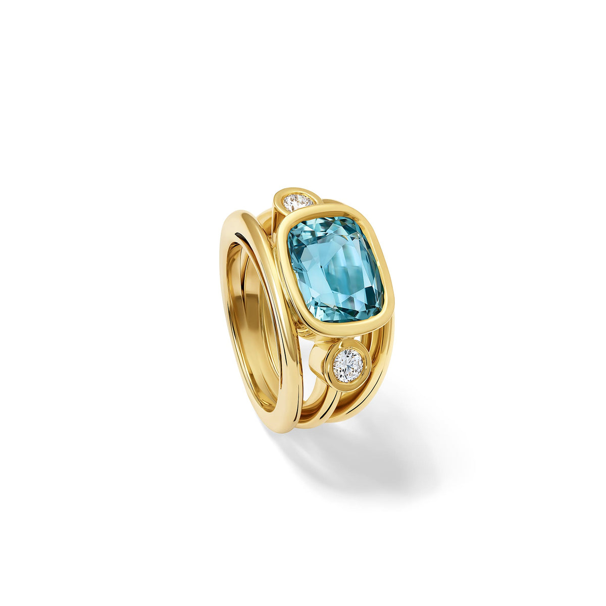 Handcrafted 18ct yellow gold Aeneus ring with facetted cushion cut oval aquamarine and brilliant round cut diamonds. March birthstone.