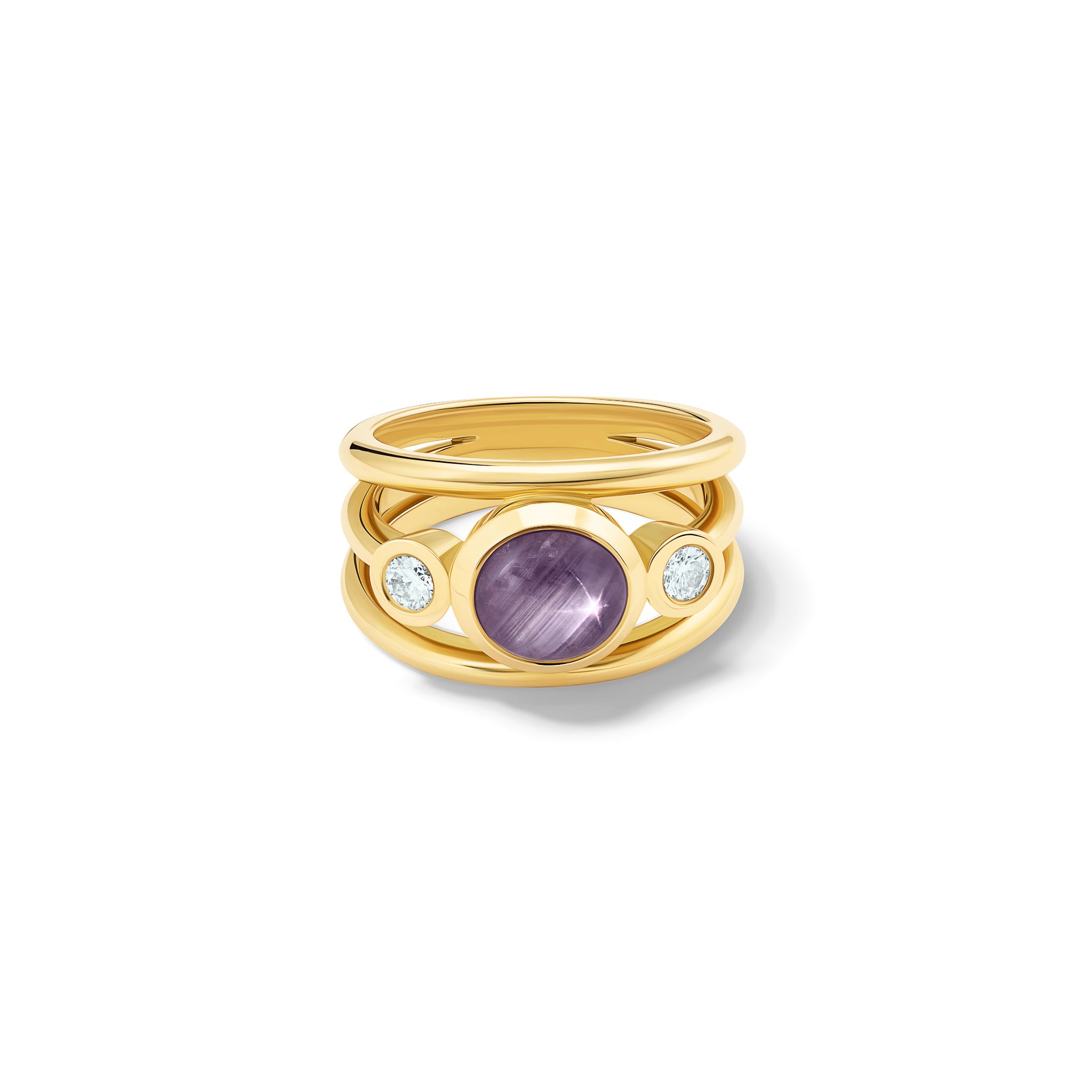 Handcrafted 18ct yellow gold ring with a central star ruby, the birthstone of September, flanked by two round diamonds.