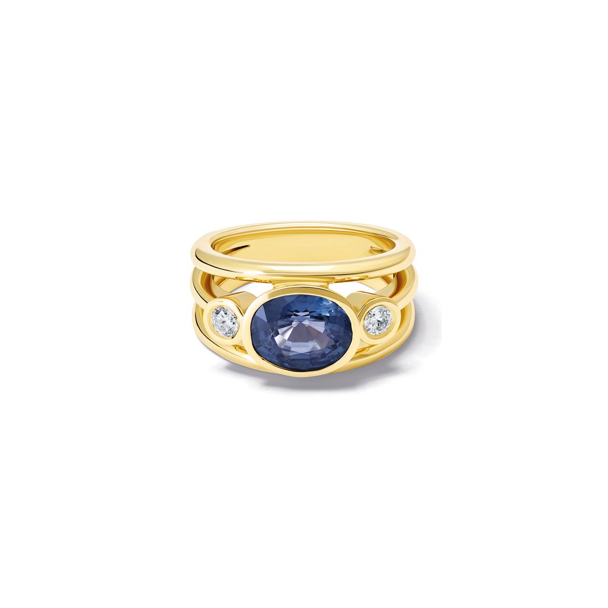 Aeneus ring in 18ct yellow gold with oval cut blue spinel and diamonds by Cassandra Goad, inspired by Aeneas of Troy