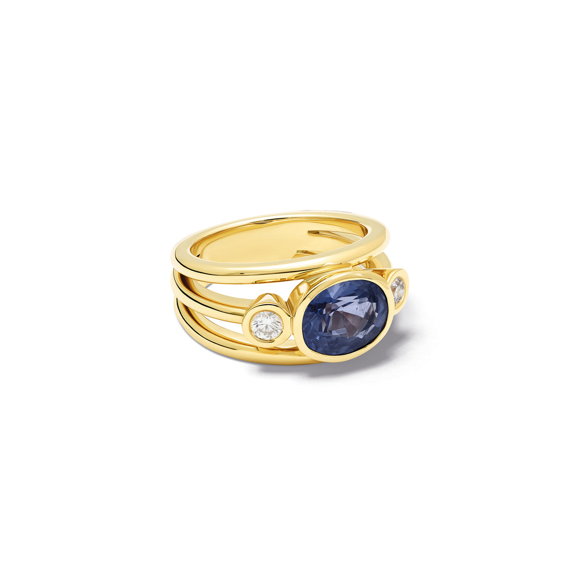 Aeneus ring in 18ct yellow gold with oval cut blue spinel and diamonds by Cassandra Goad, inspired by Aeneas of Troy