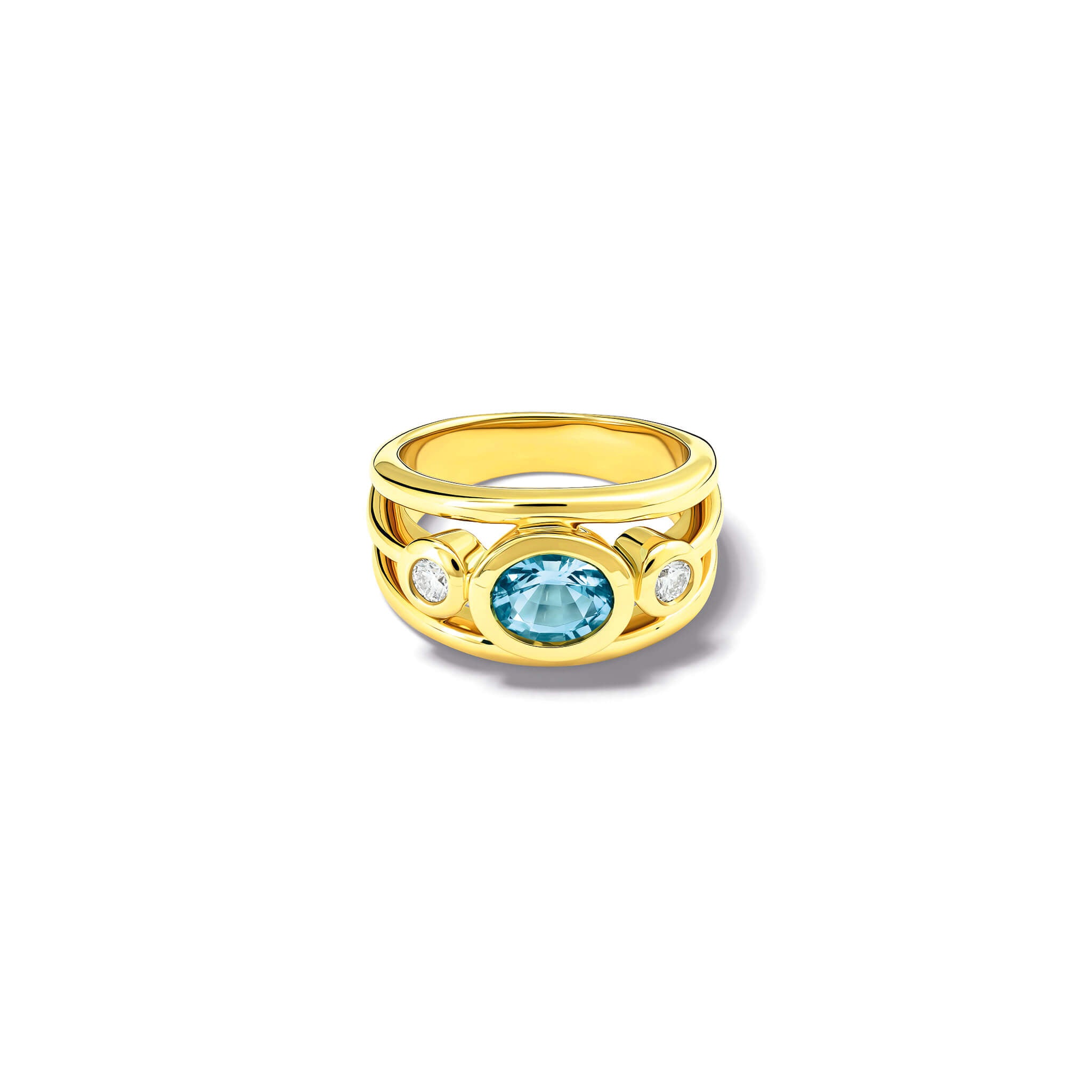 Handcrafted aeneus ring in 18ct yellow gold with oval aquamarine and diamond by Cassandra Goad, inspired by Aeneas of Troy, march birthstone