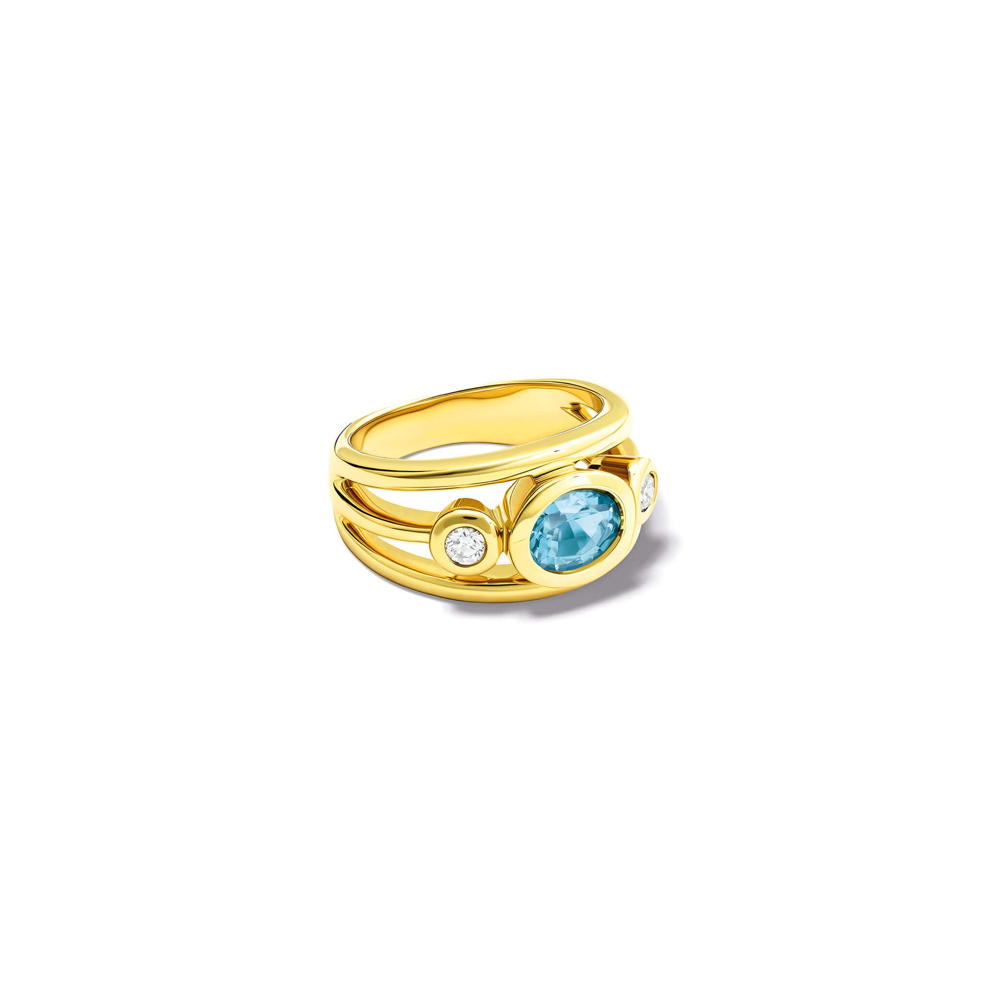 Handcrafted aeneus ring in 18ct yellow gold with oval aquamarine and diamond by Cassandra Goad, inspired by Aeneas of Troy, march birthstone