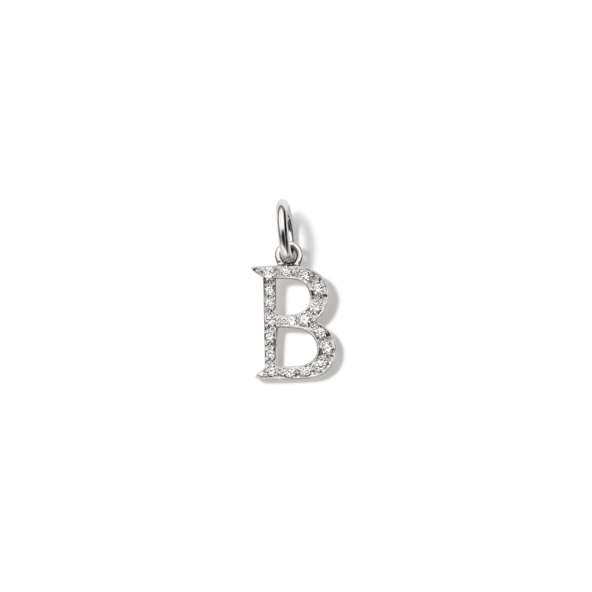 Handcrafted 18ct white gold initial B necklace pendant set with diamond pave, with a loop at the top for chain attachment.