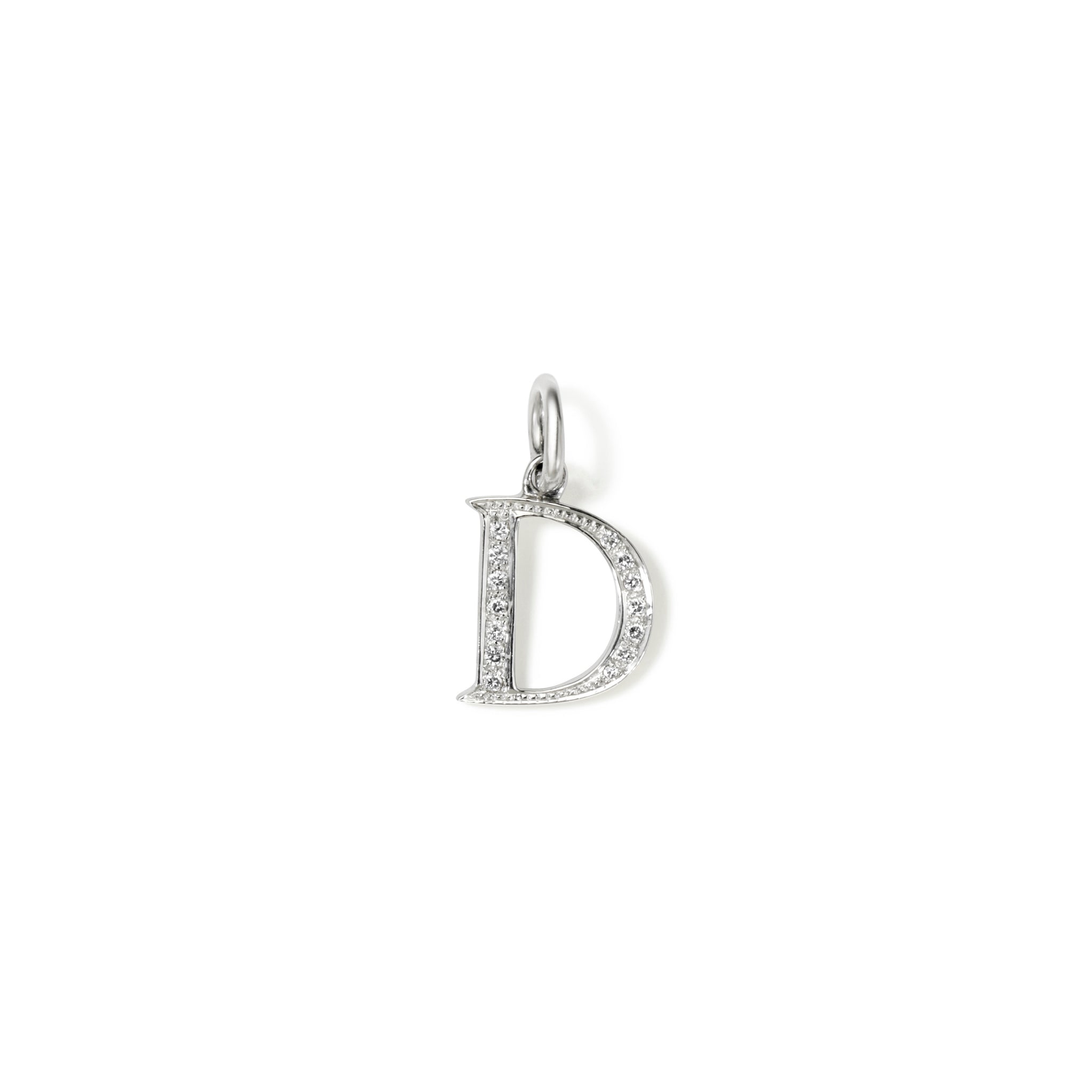 Handcrafted 18ct white gold initial D necklace pendant set with diamond pave, with a loop at the top for chain attachment.