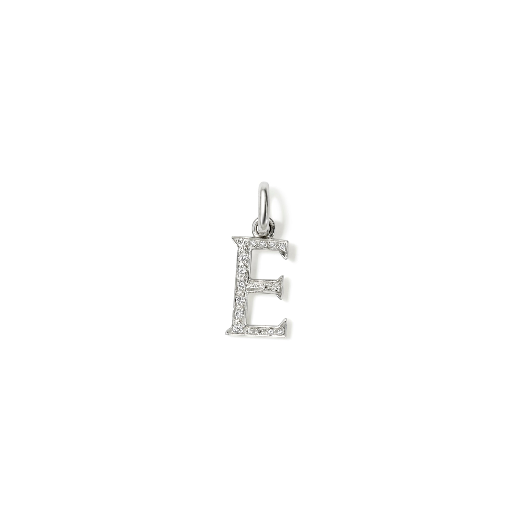 Handcrafted 18ct white gold initial E necklace pendant set with diamond pave, with a loop at the top for chain attachment.