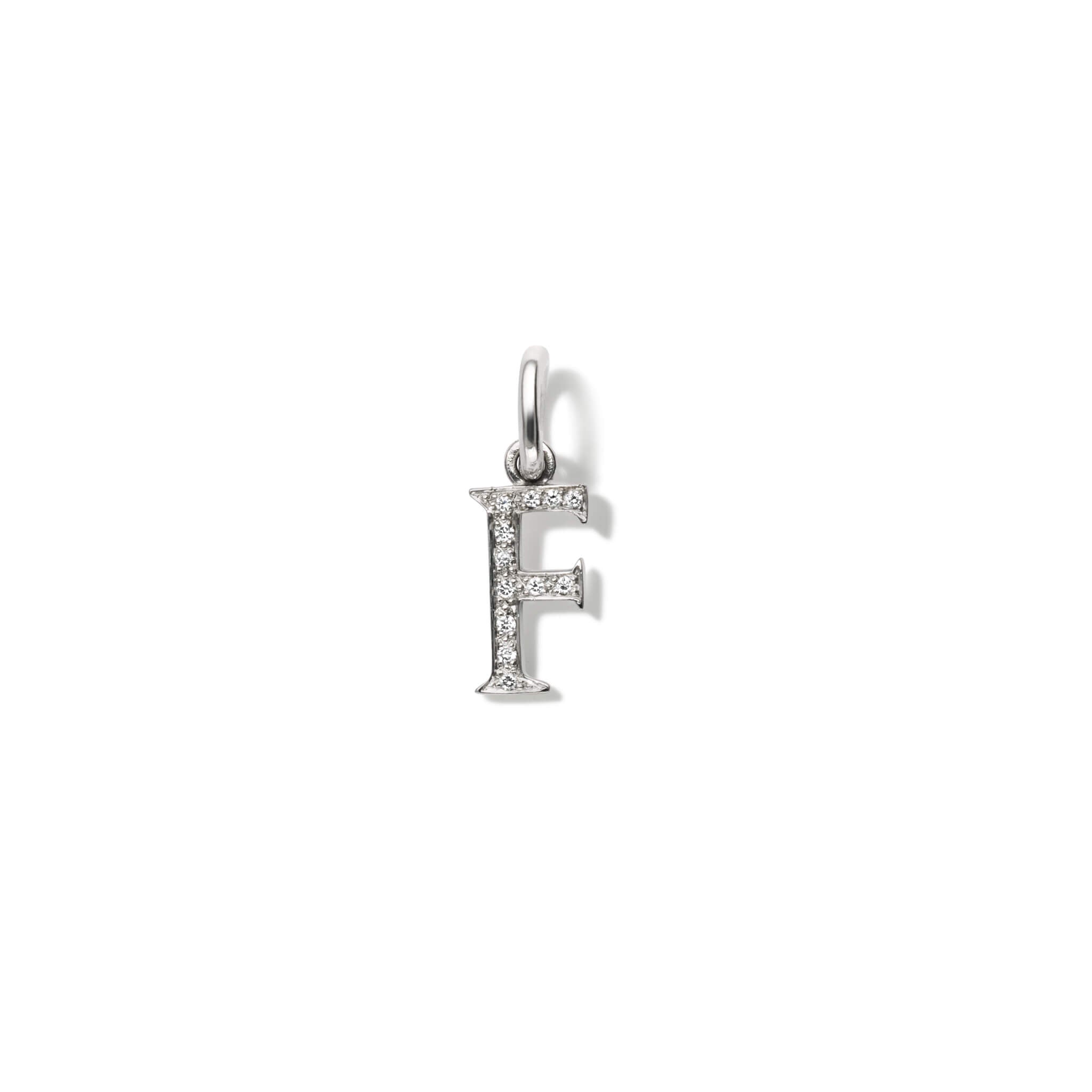 Handcrafted 18ct white gold initial F necklace pendant set with diamond pave, with a loop at the top for chain attachment.