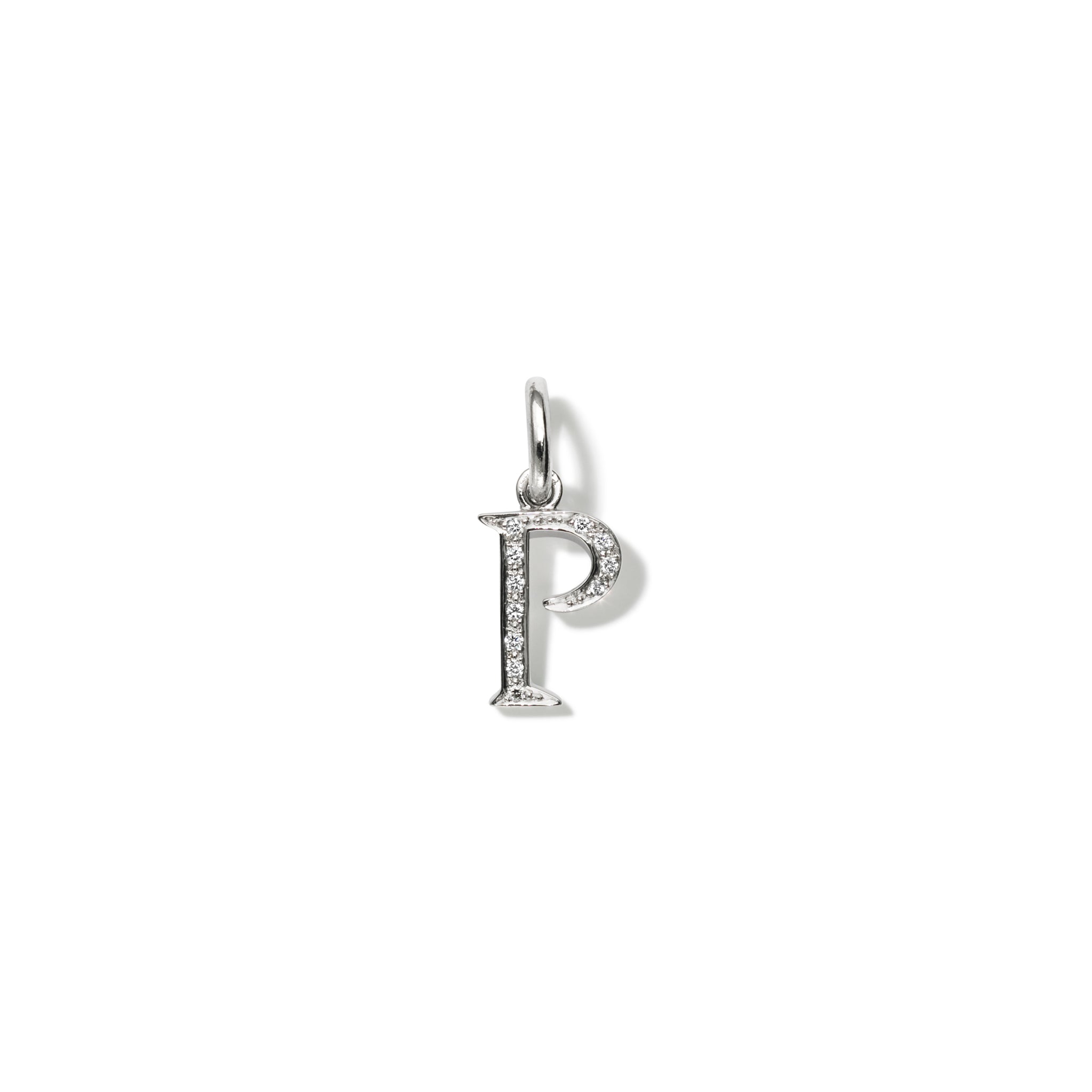 Handcrafted 18ct white gold initial P necklace pendant set with diamond pave, with a loop at the top for chain attachment.