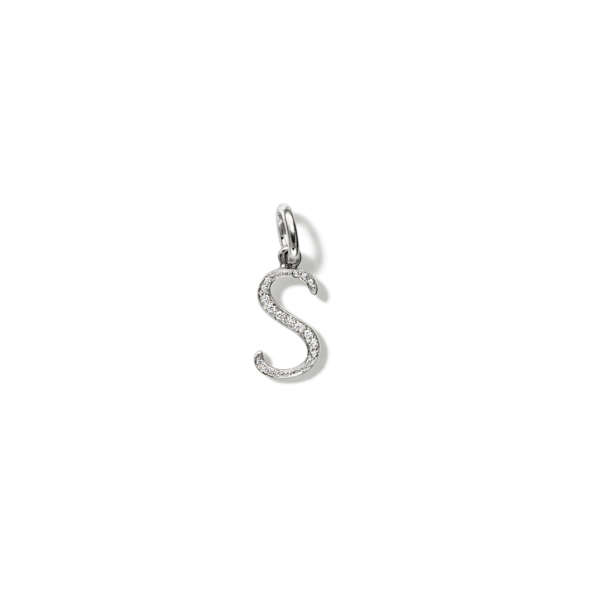 Handcrafted 18ct white gold initial S necklace pendant set with diamond pave, with a loop at the top for chain attachment.